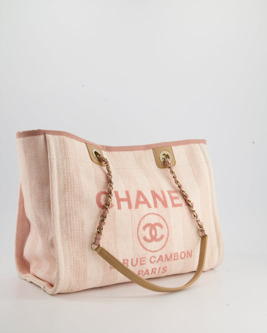 Chanel Small Pink Stripe Canvas Deauville Tote Bag with Logo Print and Champagne Gold Hardware