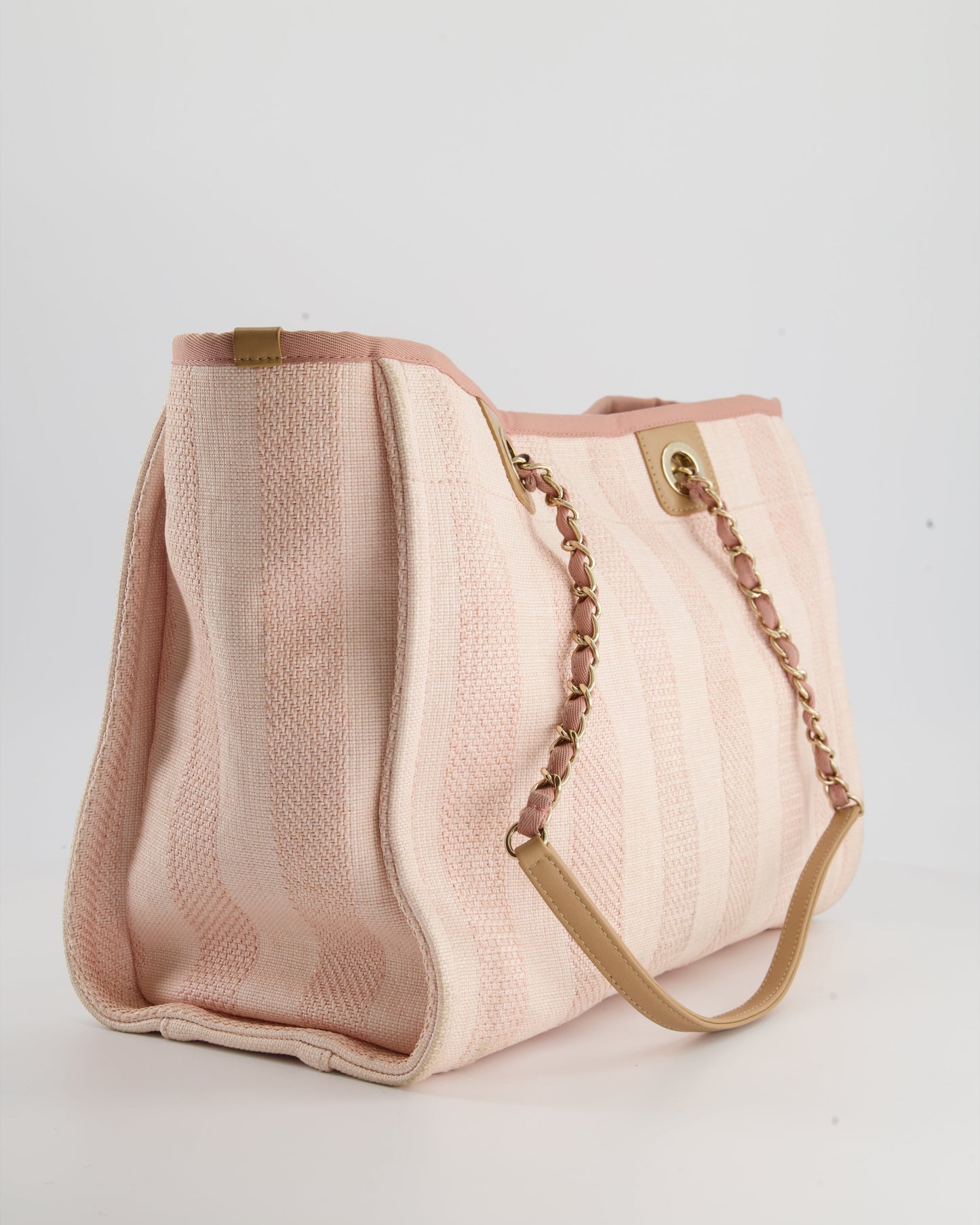 Chanel Small Pink Stripe Canvas Deauville Tote Bag with Logo Print and Champagne Gold Hardware