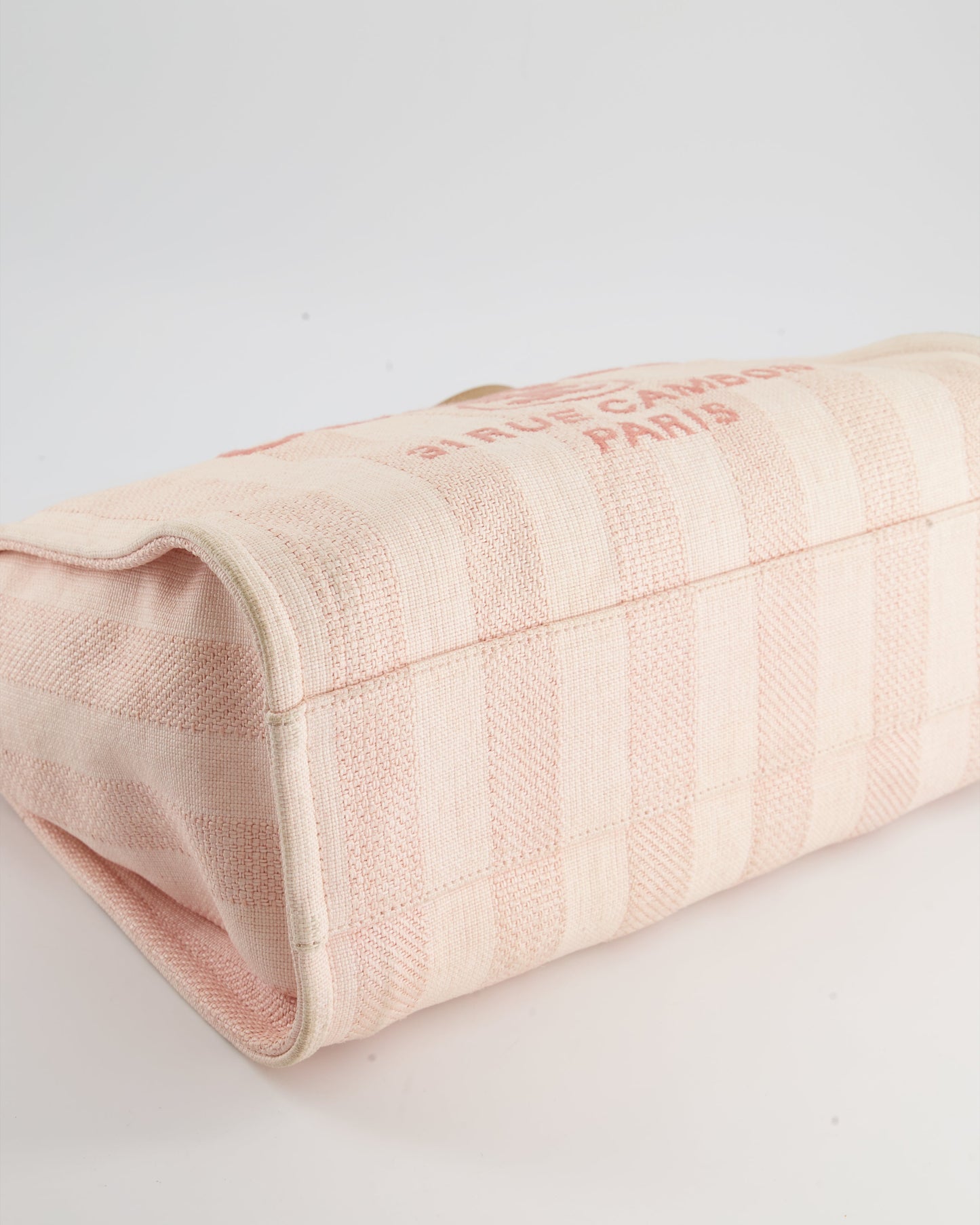 Chanel Small Pink Stripe Canvas Deauville Tote Bag with Logo Print and Champagne Gold Hardware