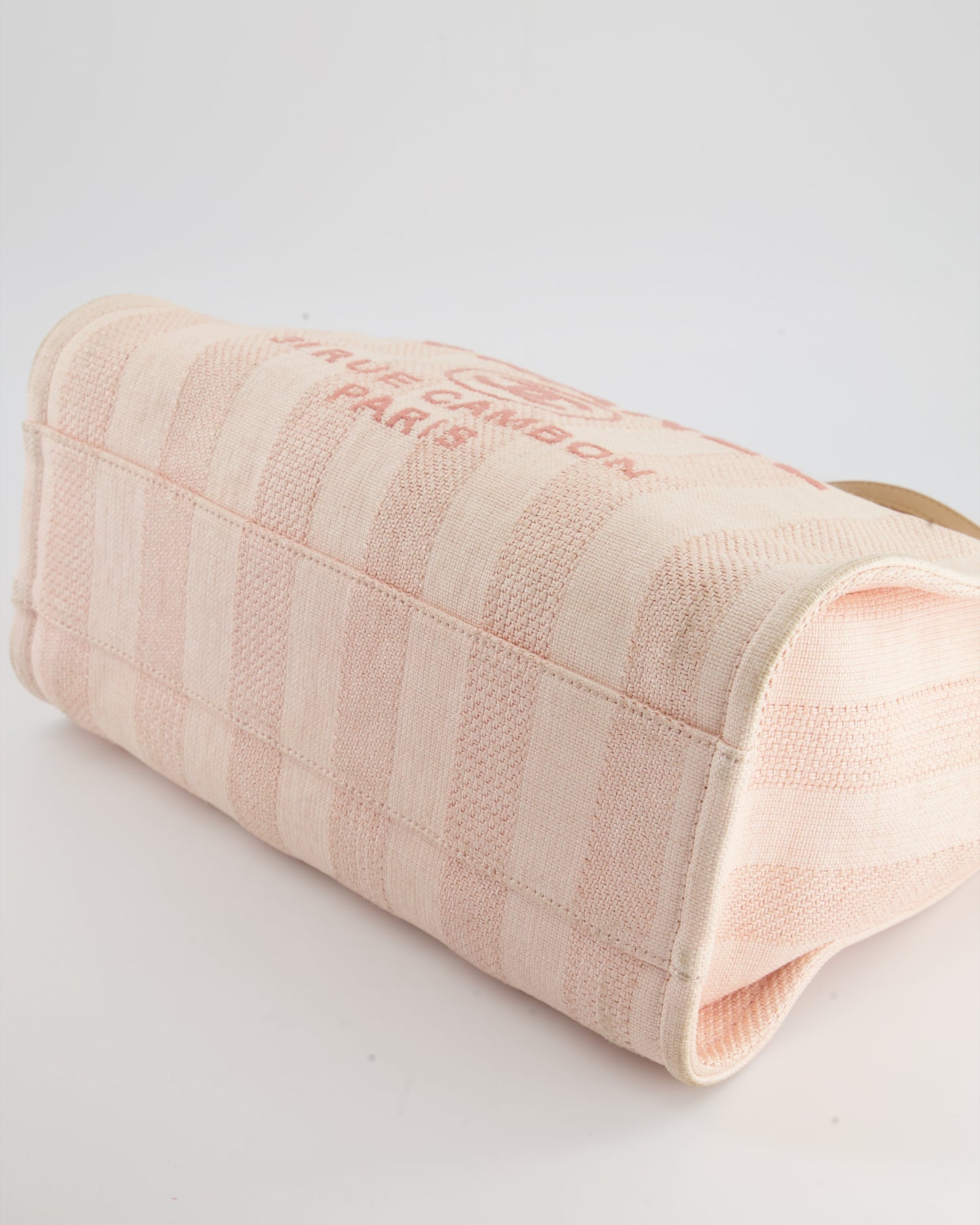 Chanel Small Pink Stripe Canvas Deauville Tote Bag with Logo Print and Champagne Gold Hardware