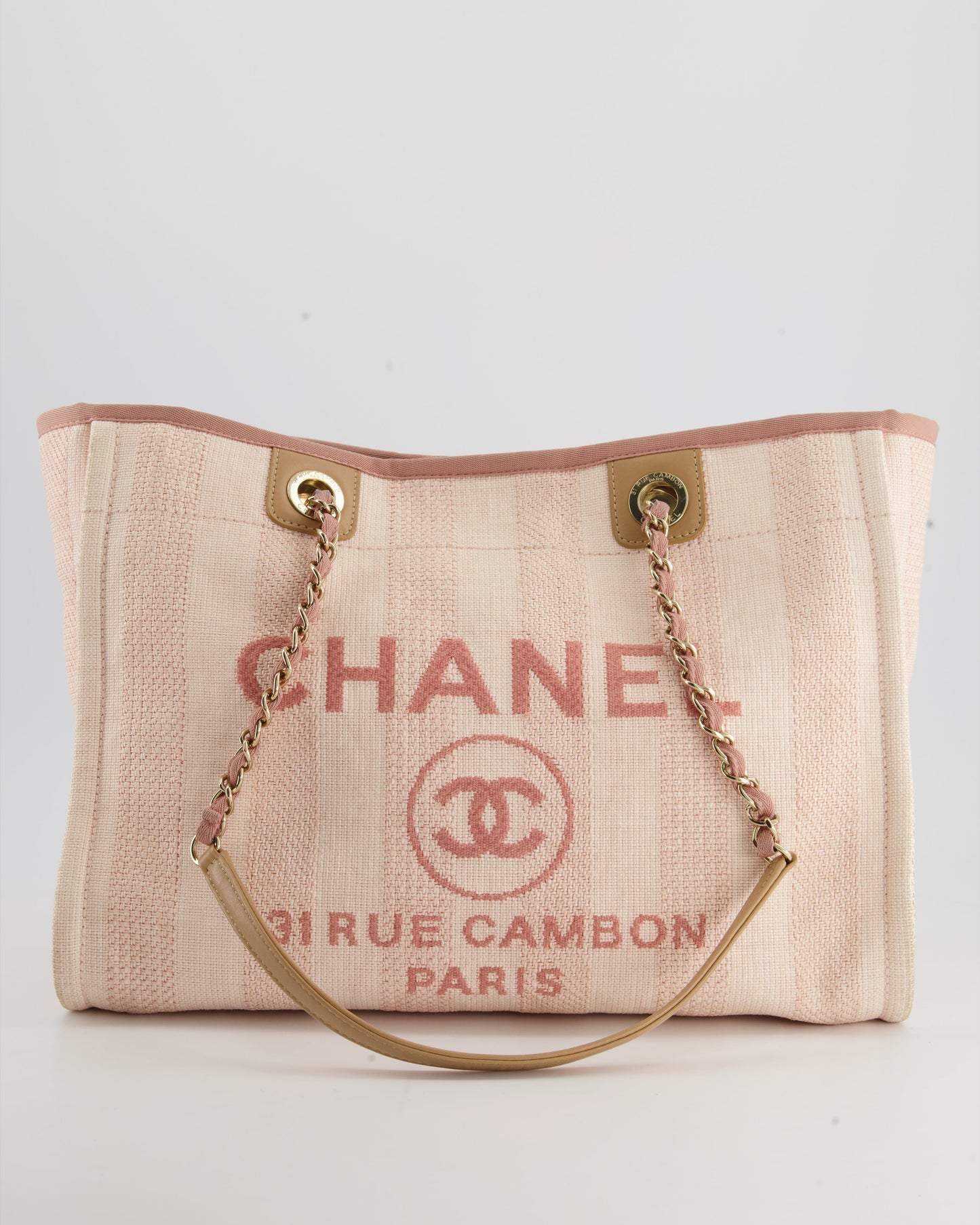 Chanel Small Pink Stripe Canvas Deauville Tote Bag with Logo Print and Champagne Gold Hardware