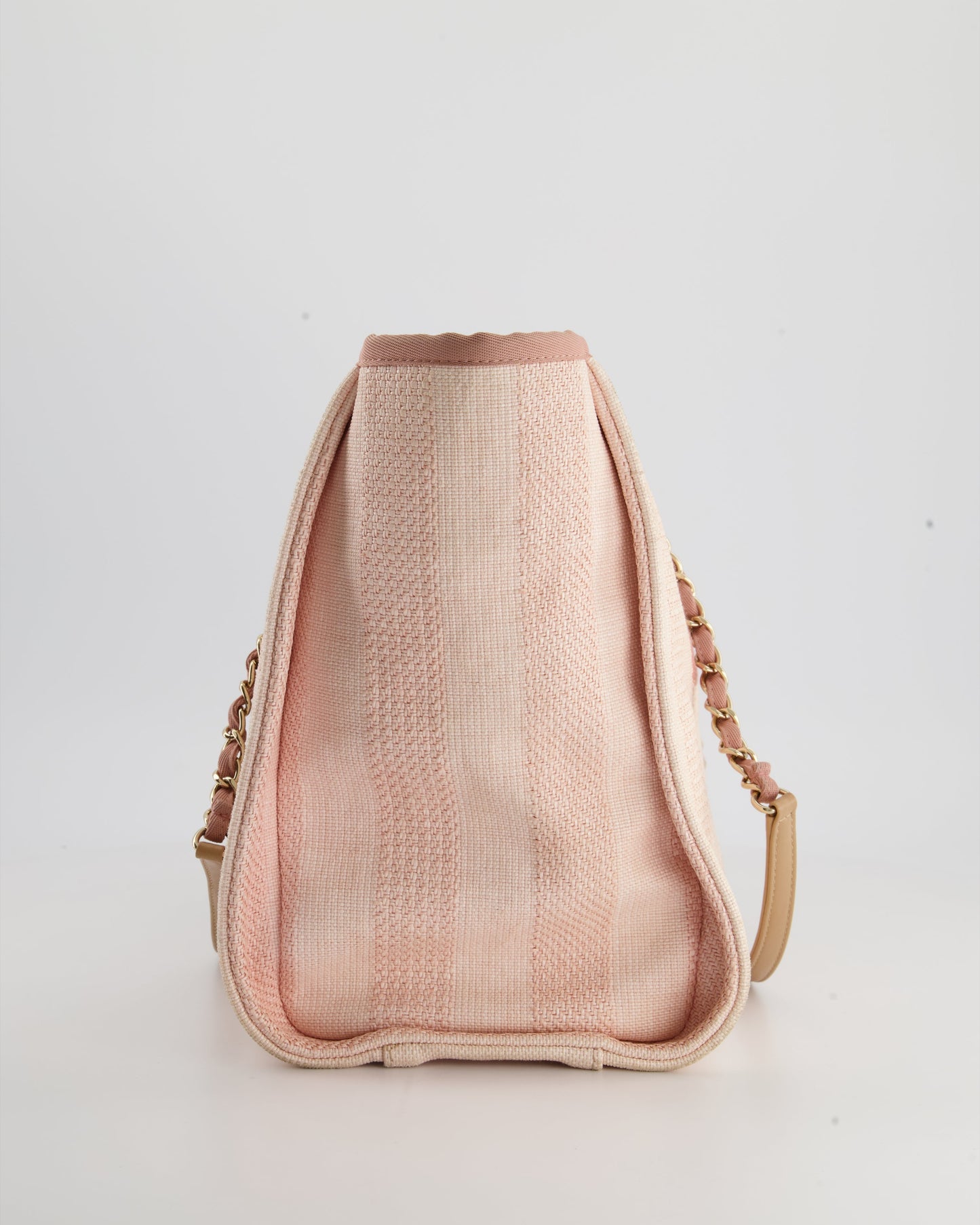 Chanel Small Pink Stripe Canvas Deauville Tote Bag with Logo Print and Champagne Gold Hardware