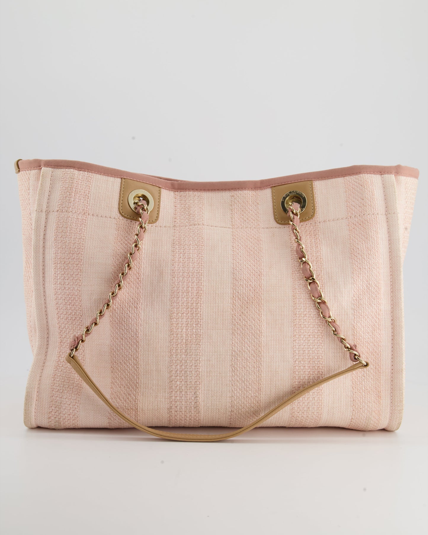 Chanel Small Pink Stripe Canvas Deauville Tote Bag with Logo Print and Champagne Gold Hardware