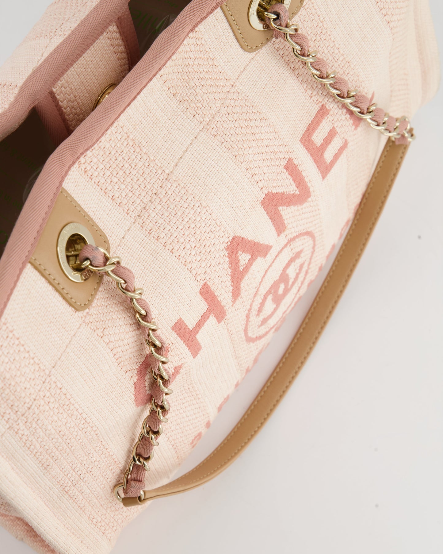 Chanel Small Pink Stripe Canvas Deauville Tote Bag with Logo Print and Champagne Gold Hardware