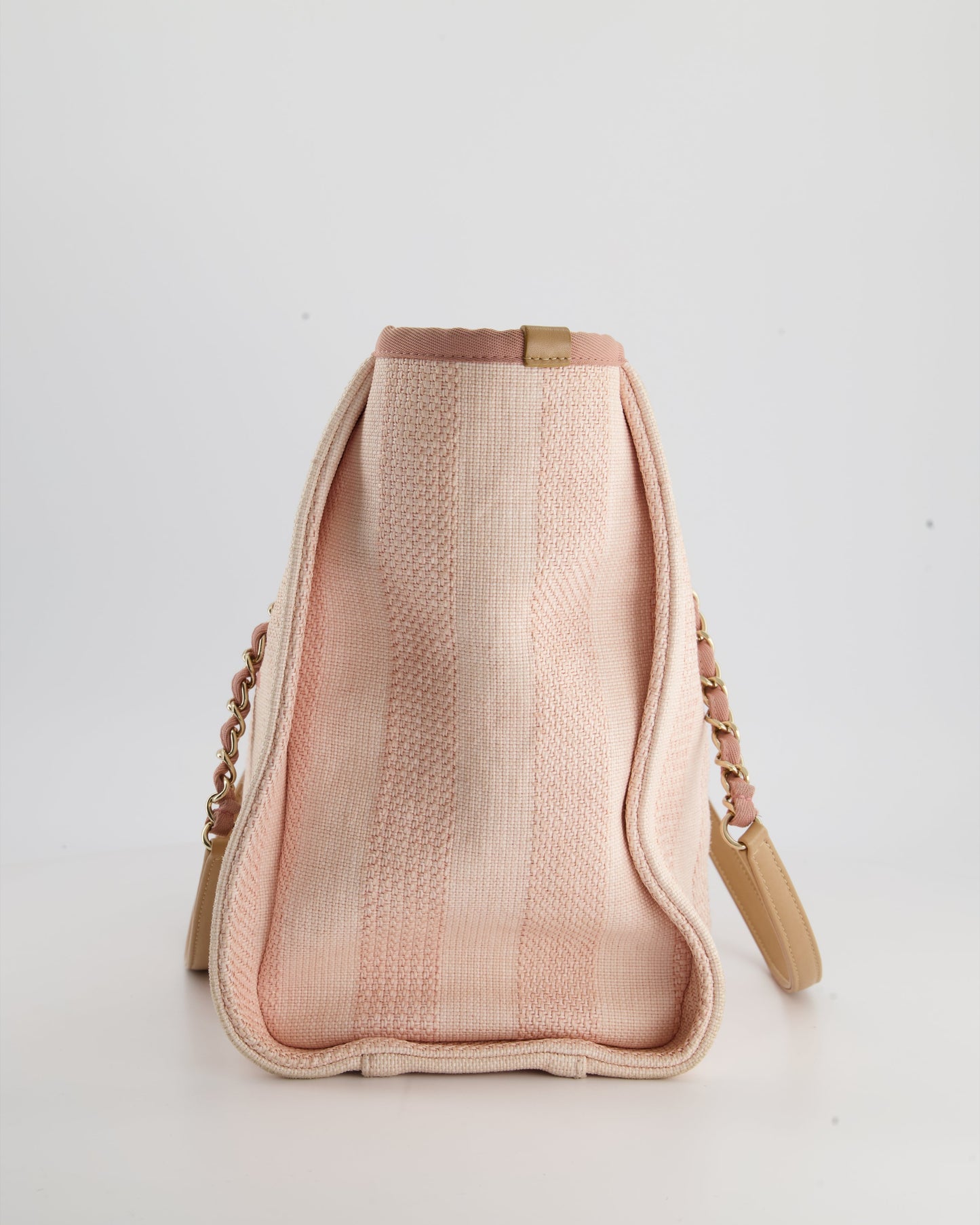 Chanel Small Pink Stripe Canvas Deauville Tote Bag with Logo Print and Champagne Gold Hardware