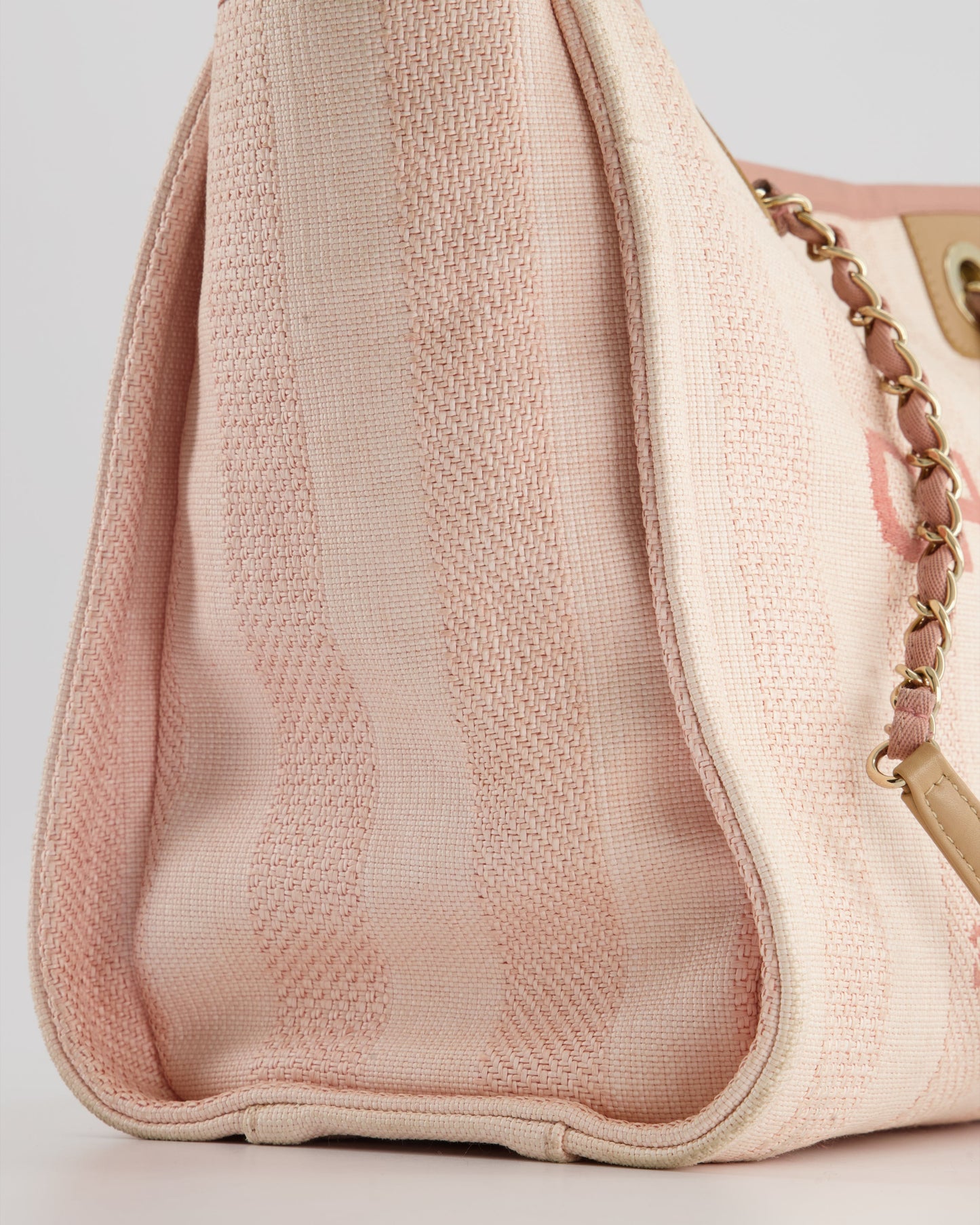 Chanel Small Pink Stripe Canvas Deauville Tote Bag with Logo Print and Champagne Gold Hardware