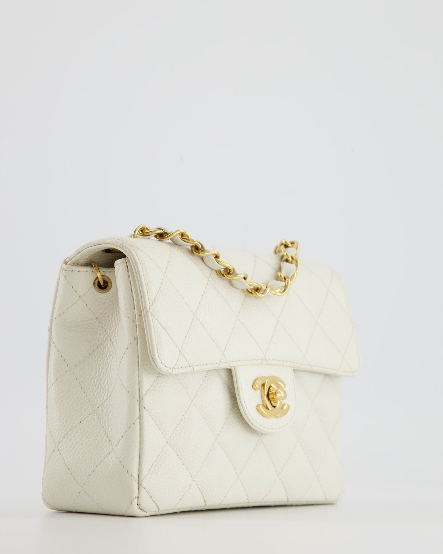 Chanel Vintage White Caviar Mini Square Flap Bag with 24K Gold Hardware
