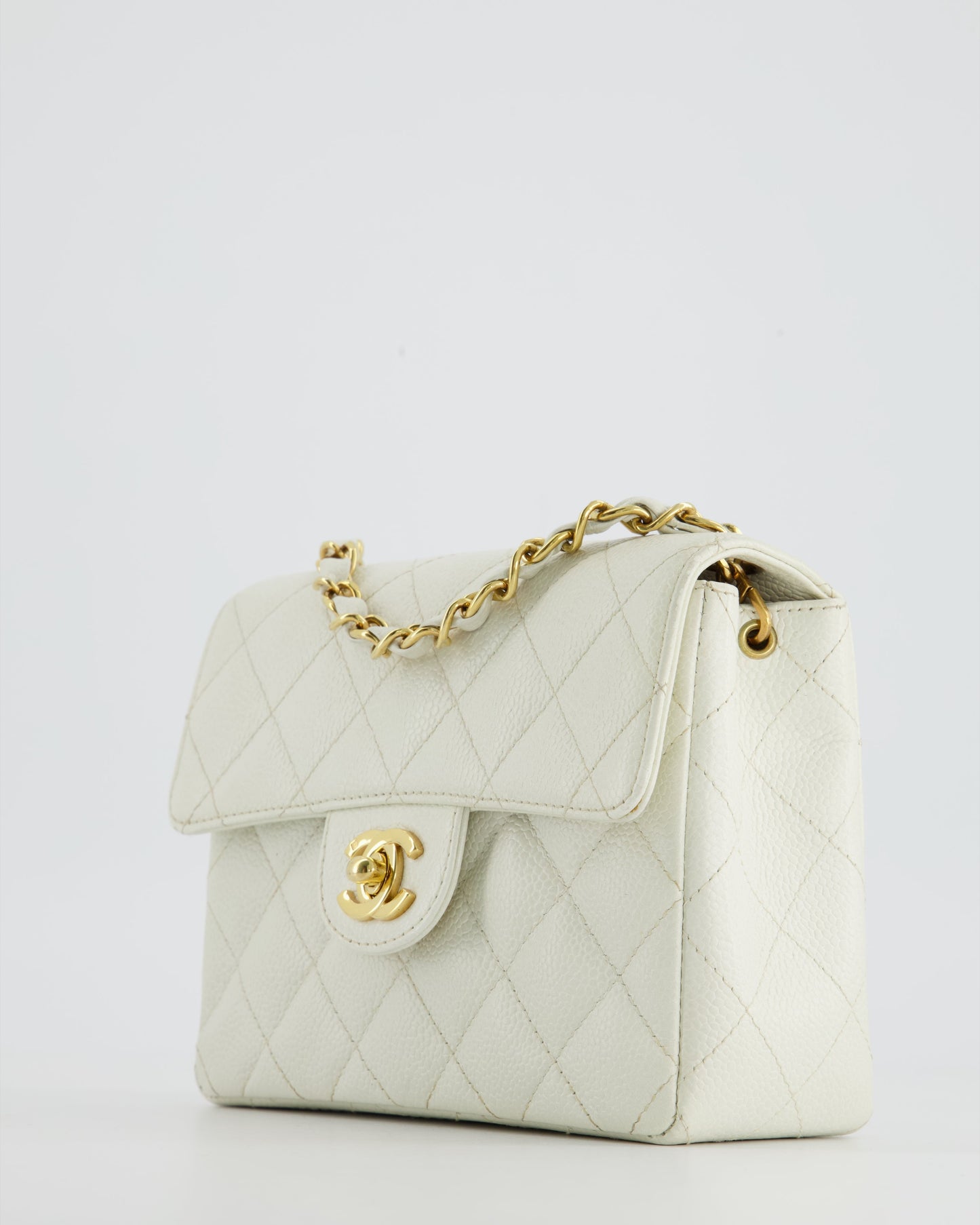 Chanel Vintage White Caviar Mini Square Flap Bag with 24K Gold Hardware