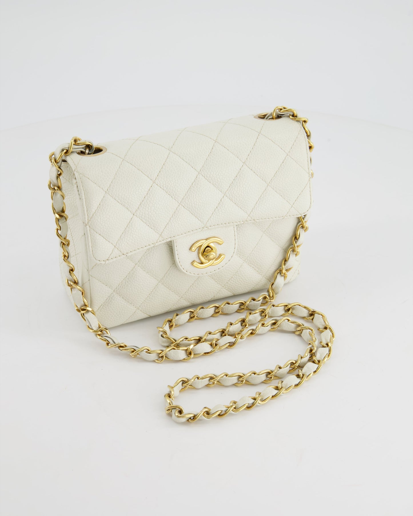 Chanel Vintage White Caviar Mini Square Flap Bag with 24K Gold Hardware