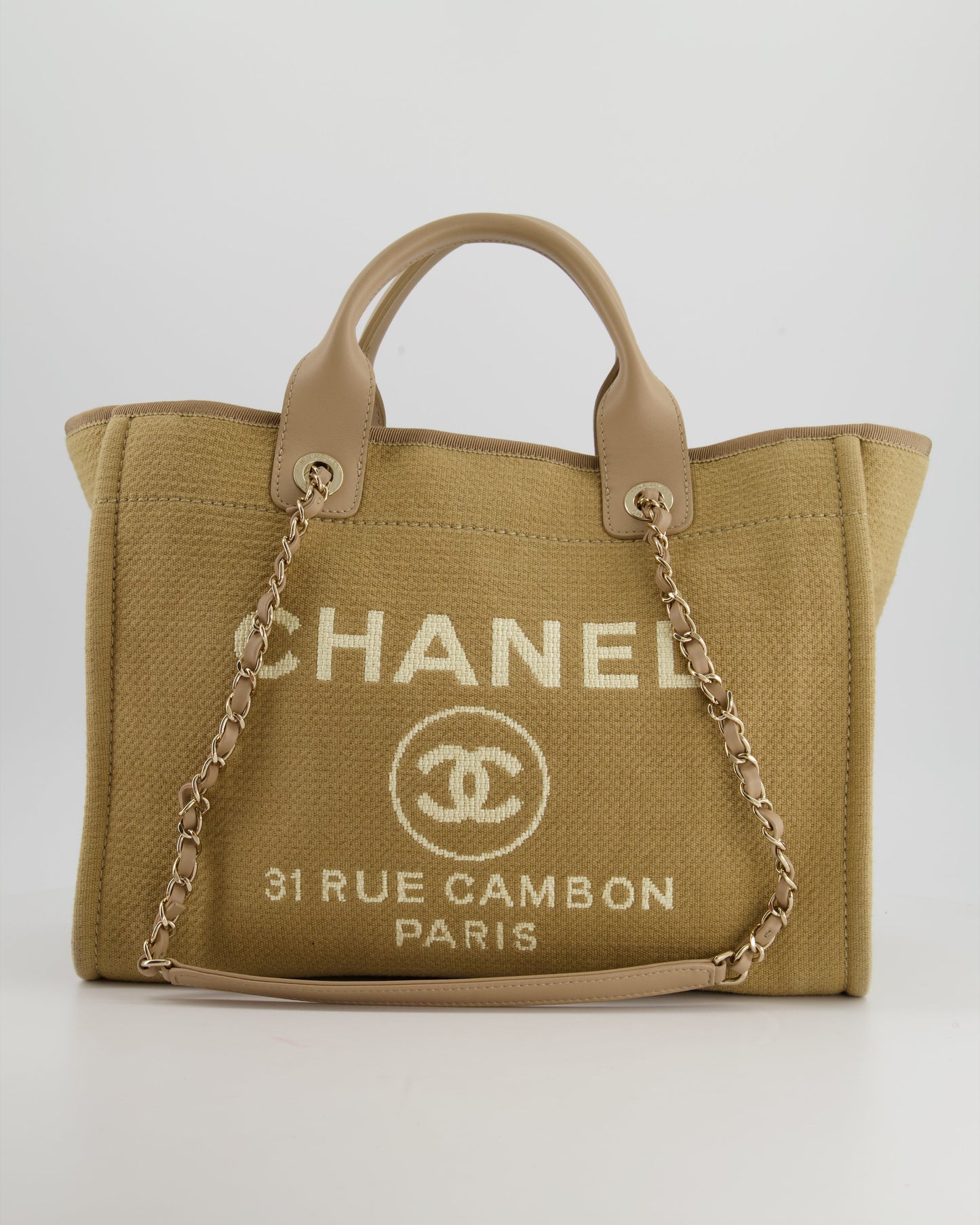 Chanel Dark Beige Canvas Small Deauville Tote Bag with CC Logo Print and Champagne Gold Hardware