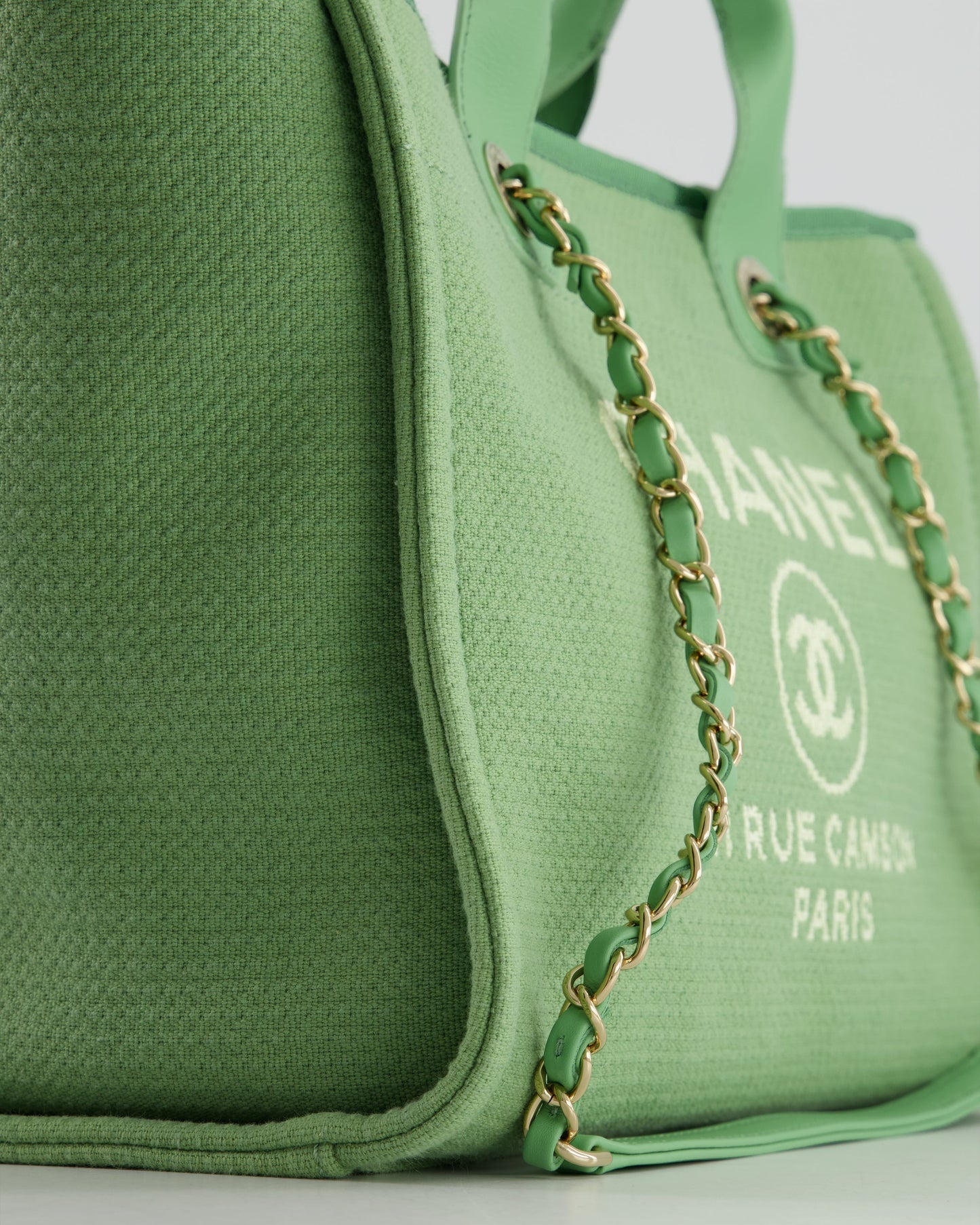 Chanel Pistachio Green Canvas Small Deauville Tote Bag with Champagne Gold Hardware