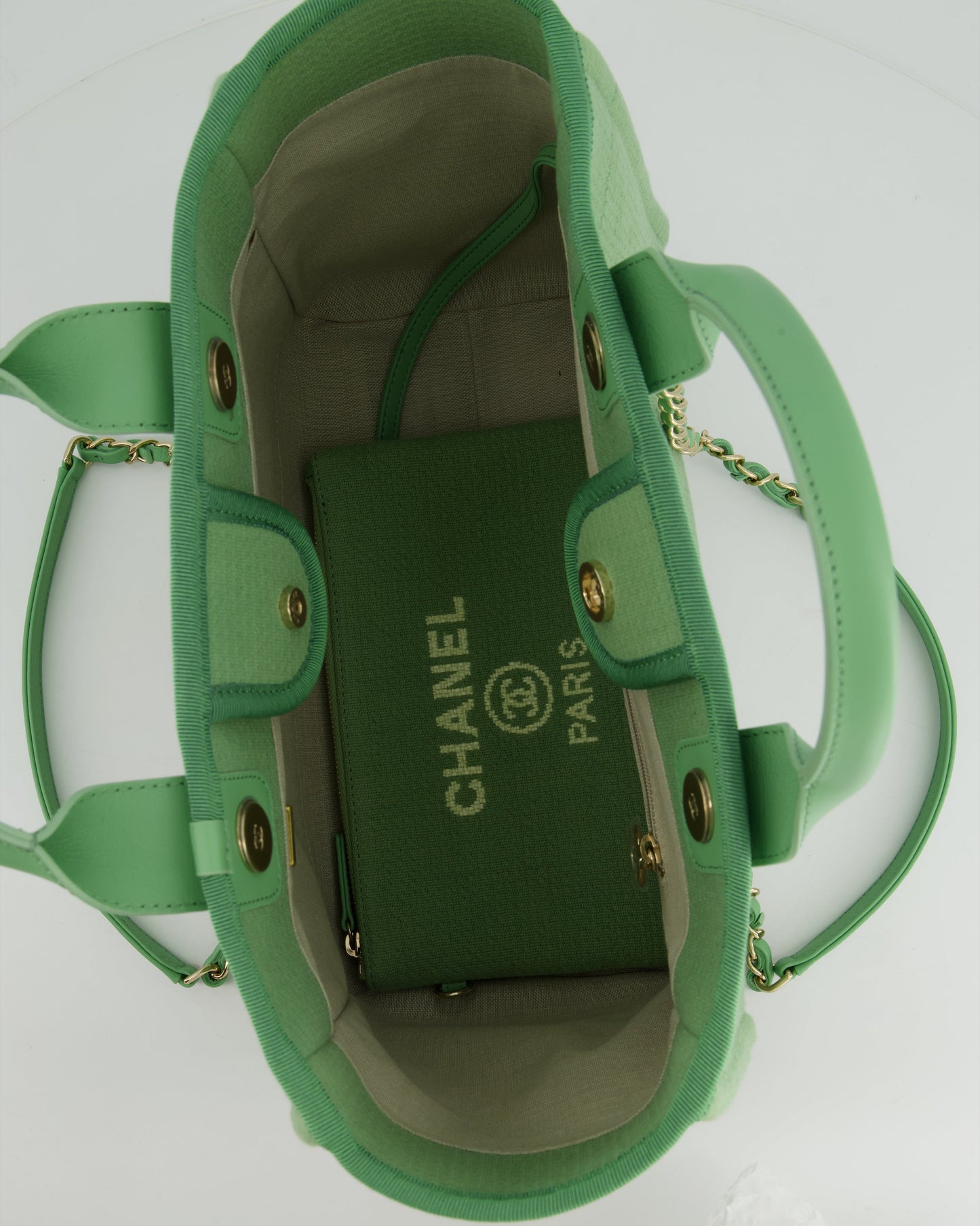 Chanel Pistachio Green Canvas Small Deauville Tote Bag with Champagne Gold Hardware