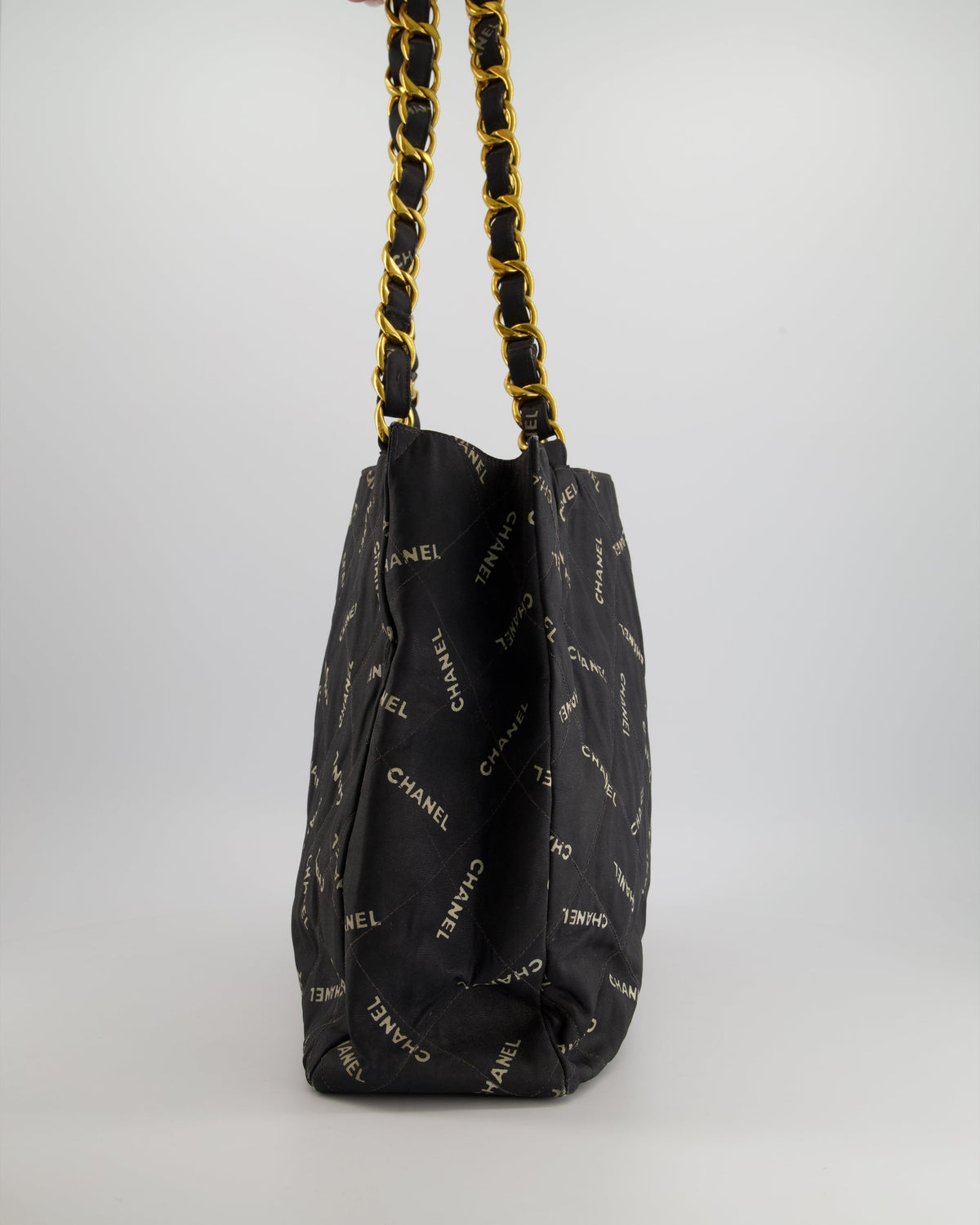 Chanel Vintage Black Bag in Quilted Canvas Logo Print with Gold Hardware