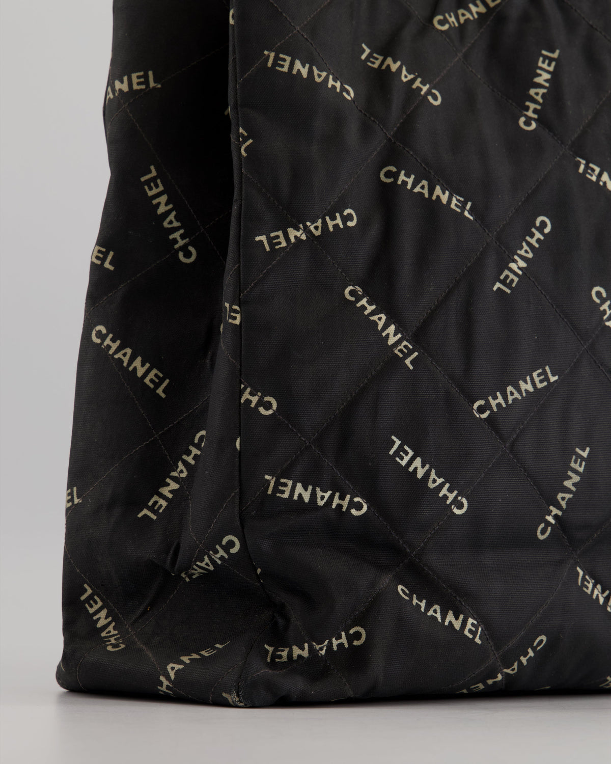 Chanel Vintage Black Bag in Quilted Canvas Logo Print with Gold Hardware