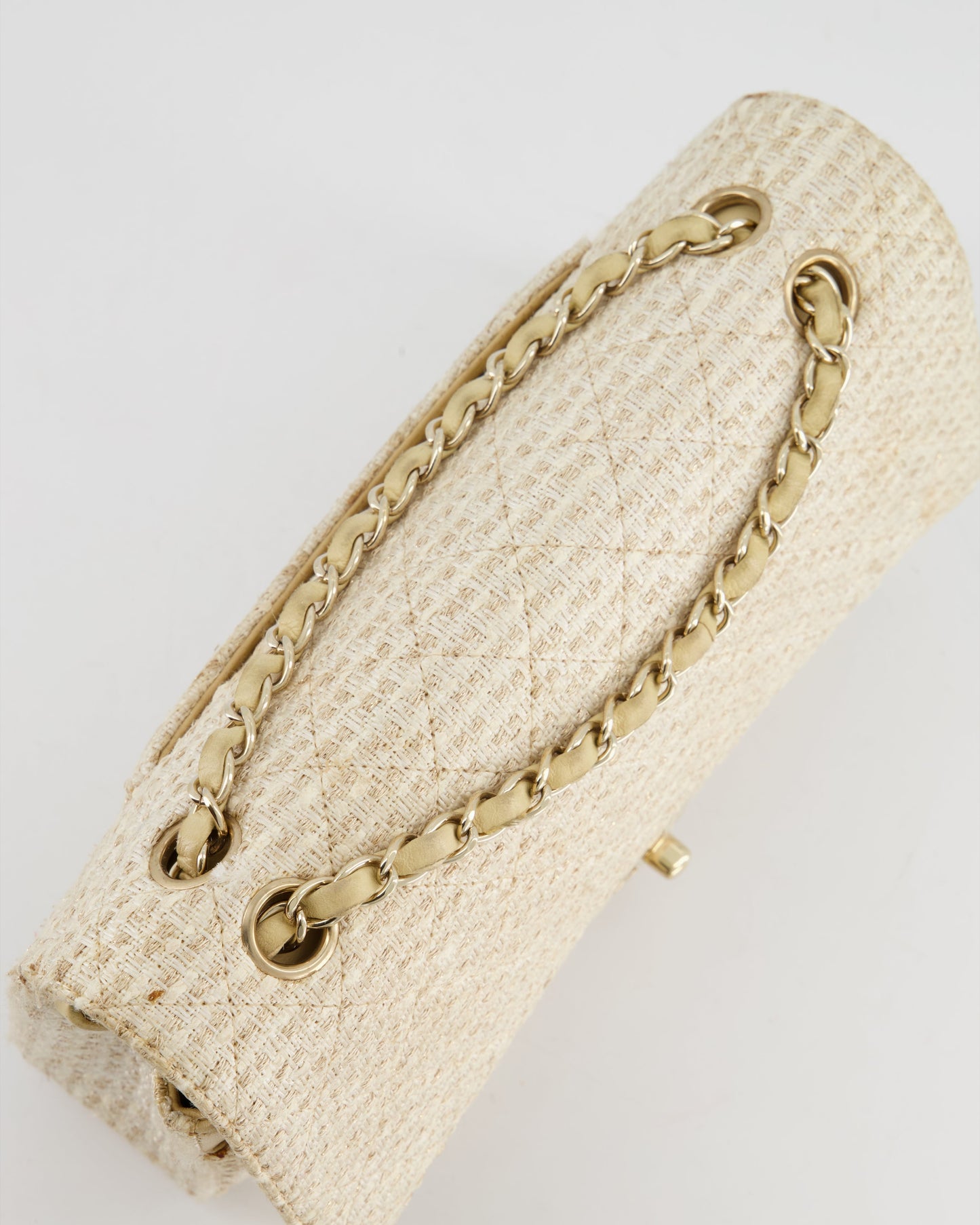 Chanel Medium Classic Double Flap Bag in Beige and Gold Tweed with Champagne Gold Hardware