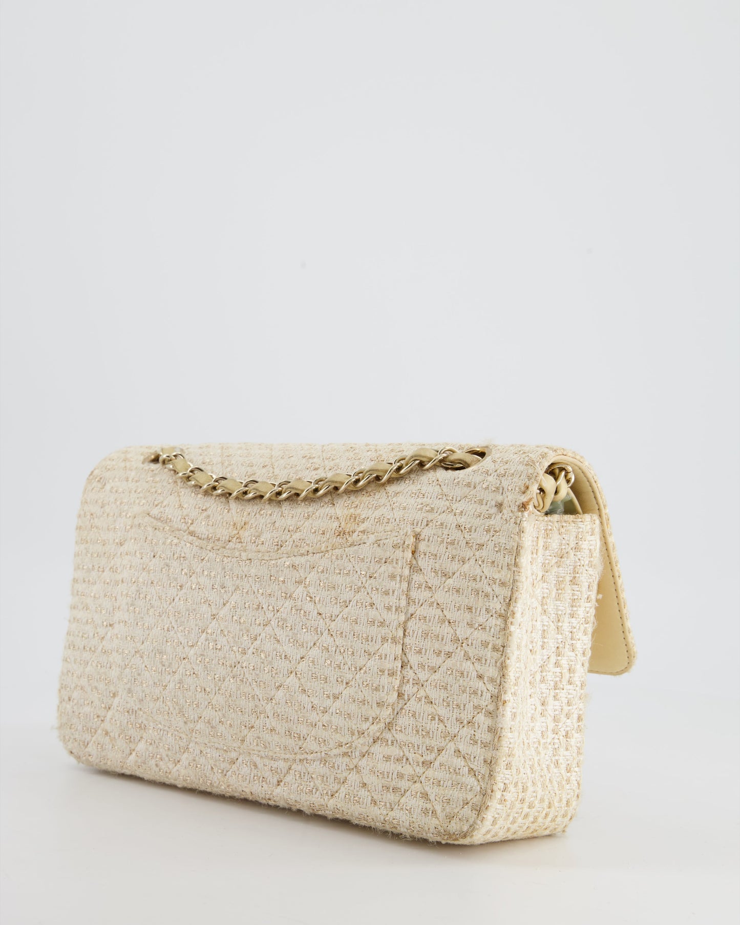 Chanel Medium Classic Double Flap Bag in Beige and Gold Tweed with Champagne Gold Hardware