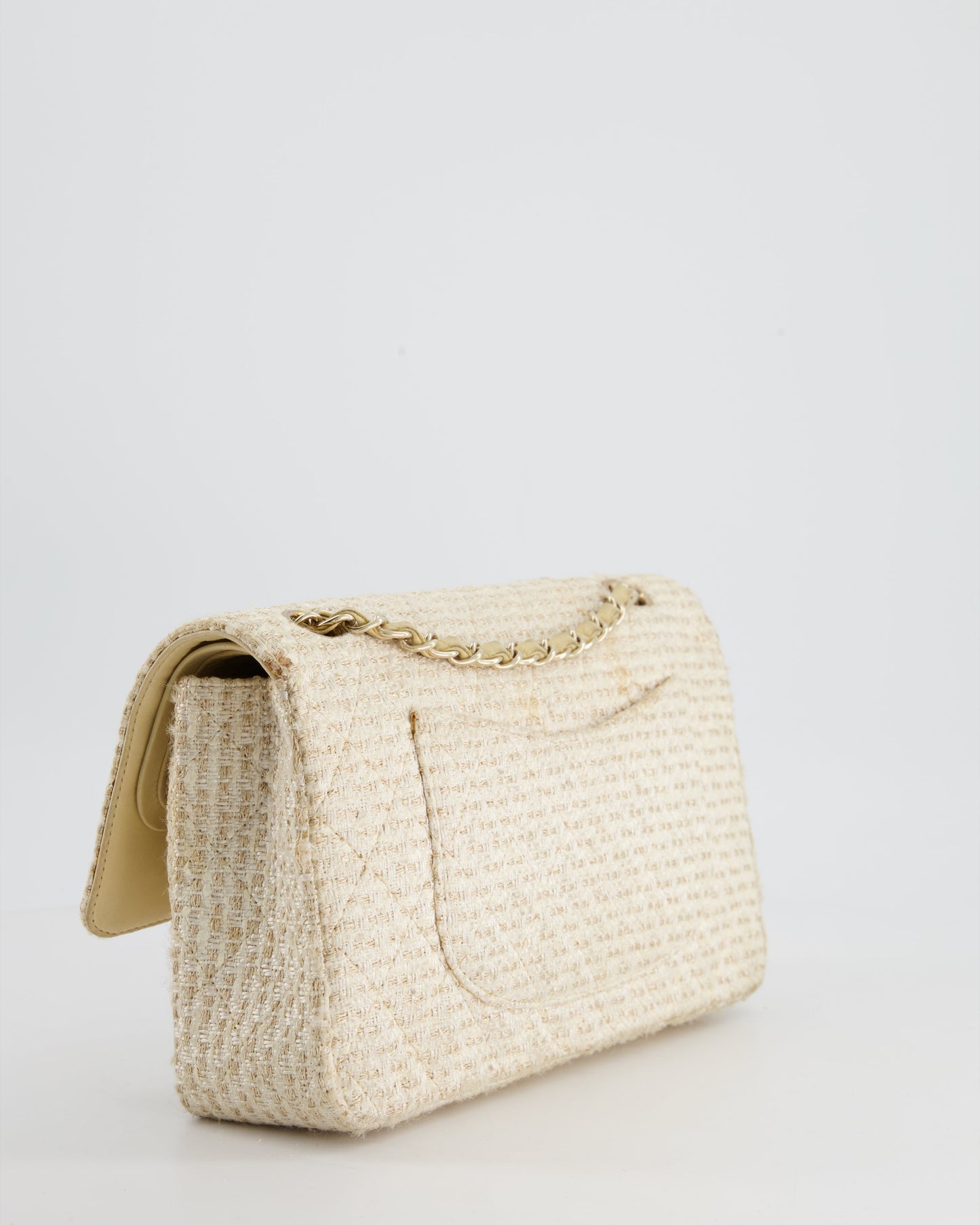 Chanel Medium Classic Double Flap Bag in Beige and Gold Tweed with Champagne Gold Hardware