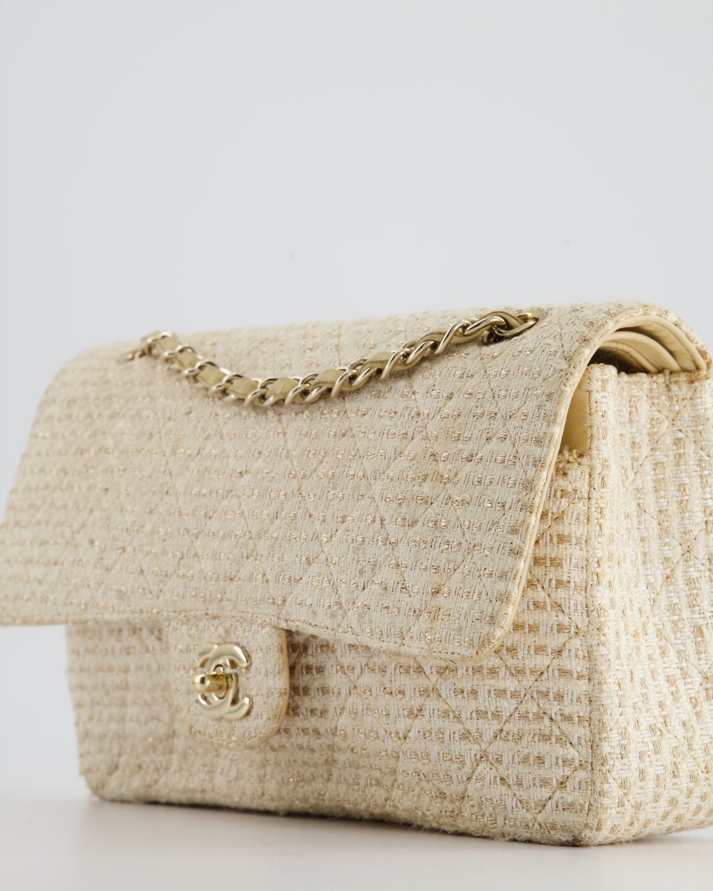 Chanel Medium Classic Double Flap Bag in Beige and Gold Tweed with Champagne Gold Hardware