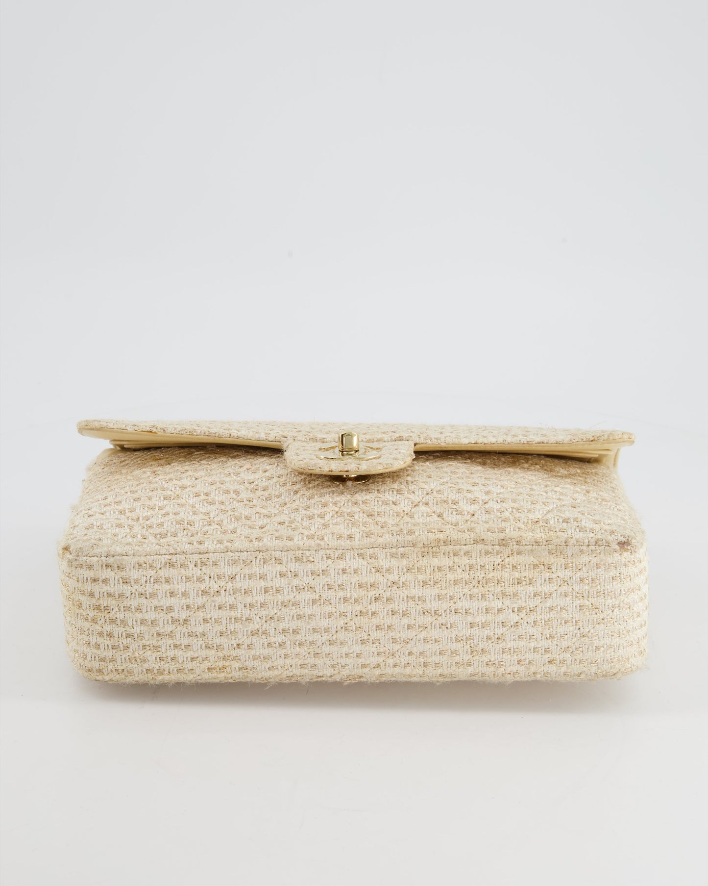 Chanel Medium Classic Double Flap Bag in Beige and Gold Tweed with Champagne Gold Hardware