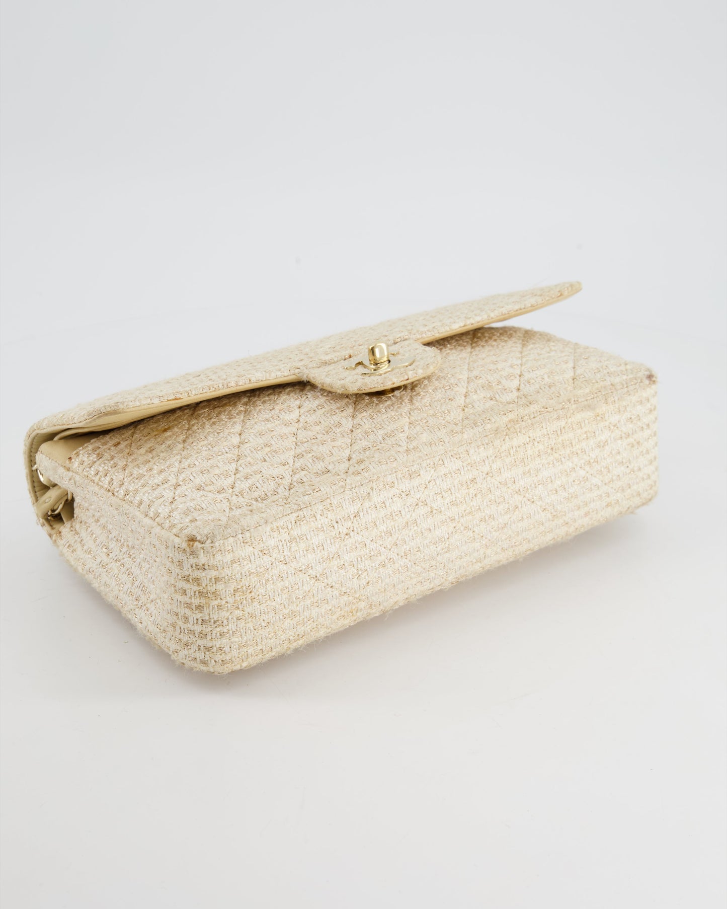 Chanel Medium Classic Double Flap Bag in Beige and Gold Tweed with Champagne Gold Hardware