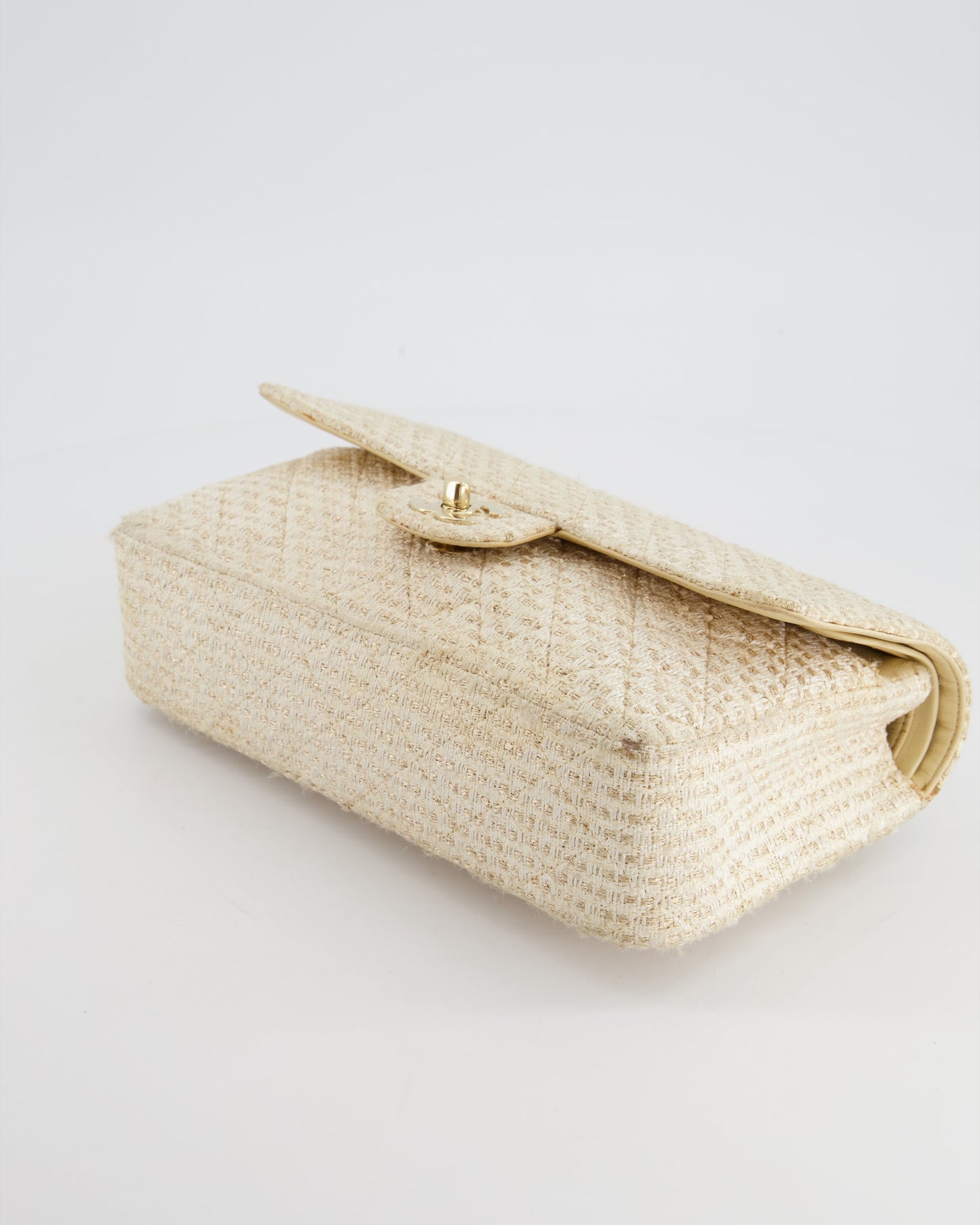 Chanel Medium Classic Double Flap Bag in Beige and Gold Tweed with Champagne Gold Hardware