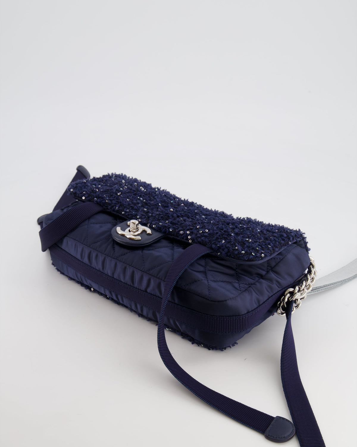 Chanel Navy Sequin Tweed and Nylon Astronaut Flap Bag with Silver Hardware