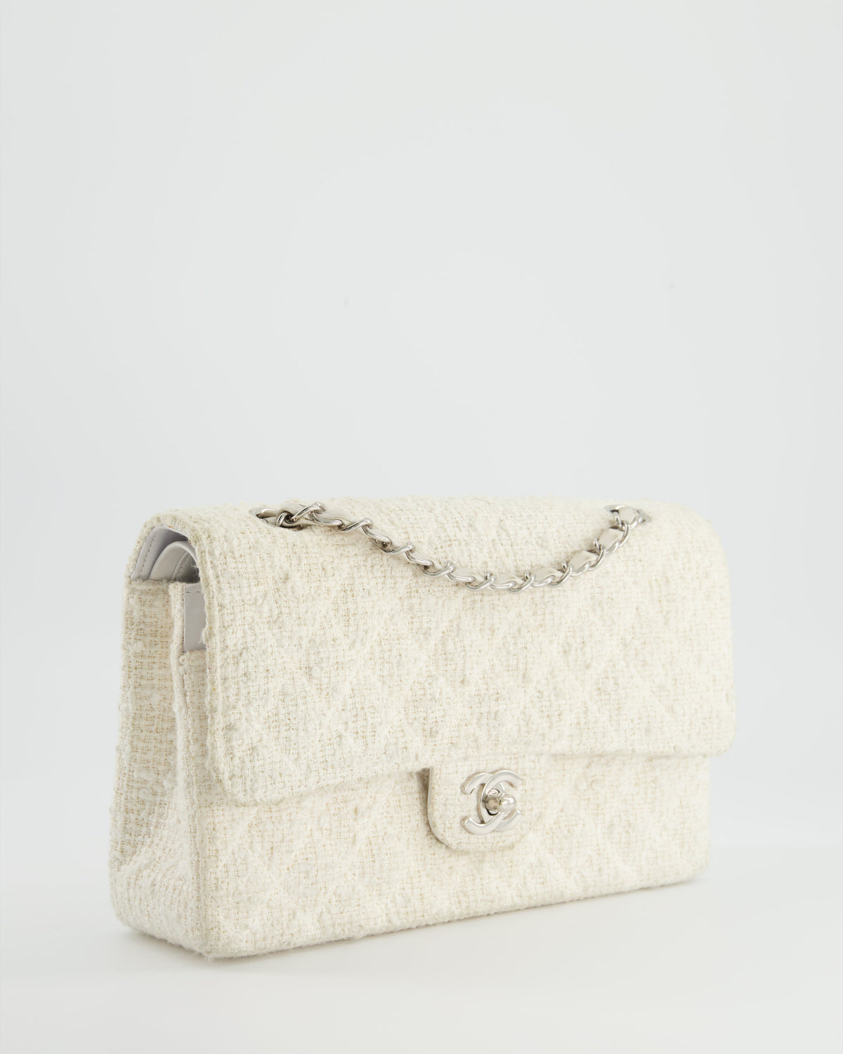 Chanel Vintage White Tweed Classic Double Flap Bag with Silver Hardware RRP - ¬£8,530