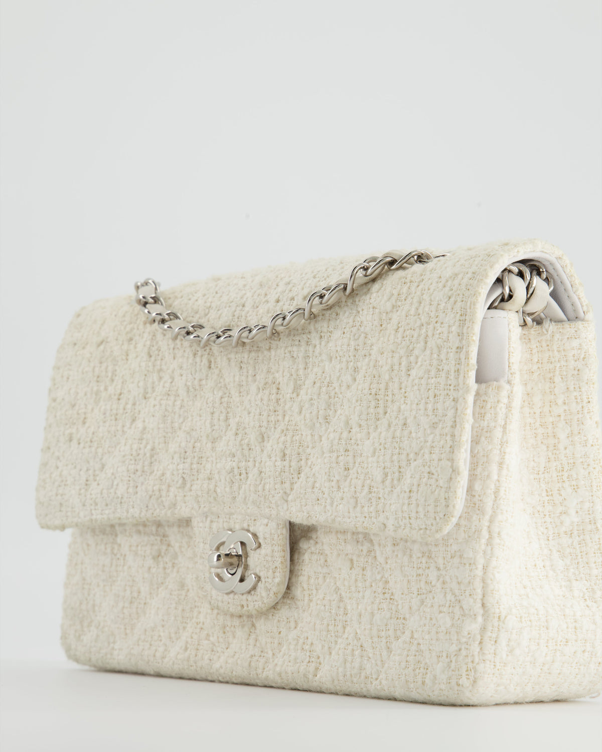 Chanel Vintage White Tweed Classic Double Flap Bag with Silver Hardware RRP - ¬£8,530