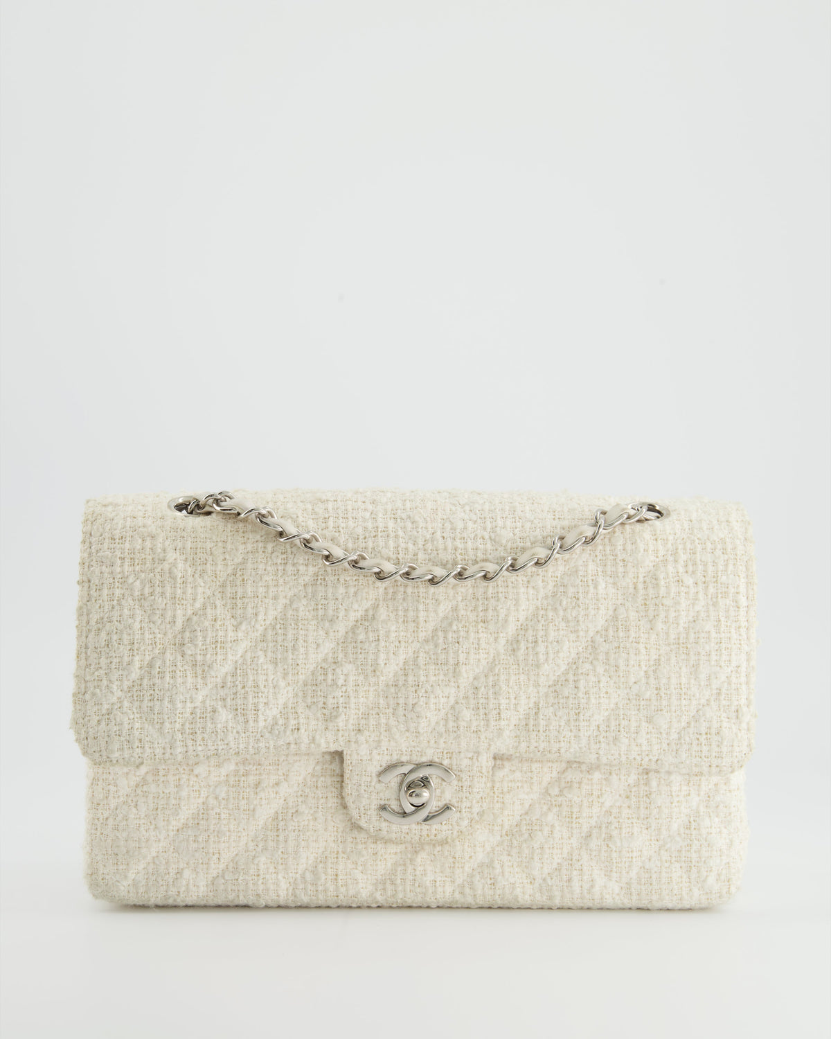 Chanel Vintage White Tweed Classic Double Flap Bag with Silver Hardware RRP - ¬£8,530