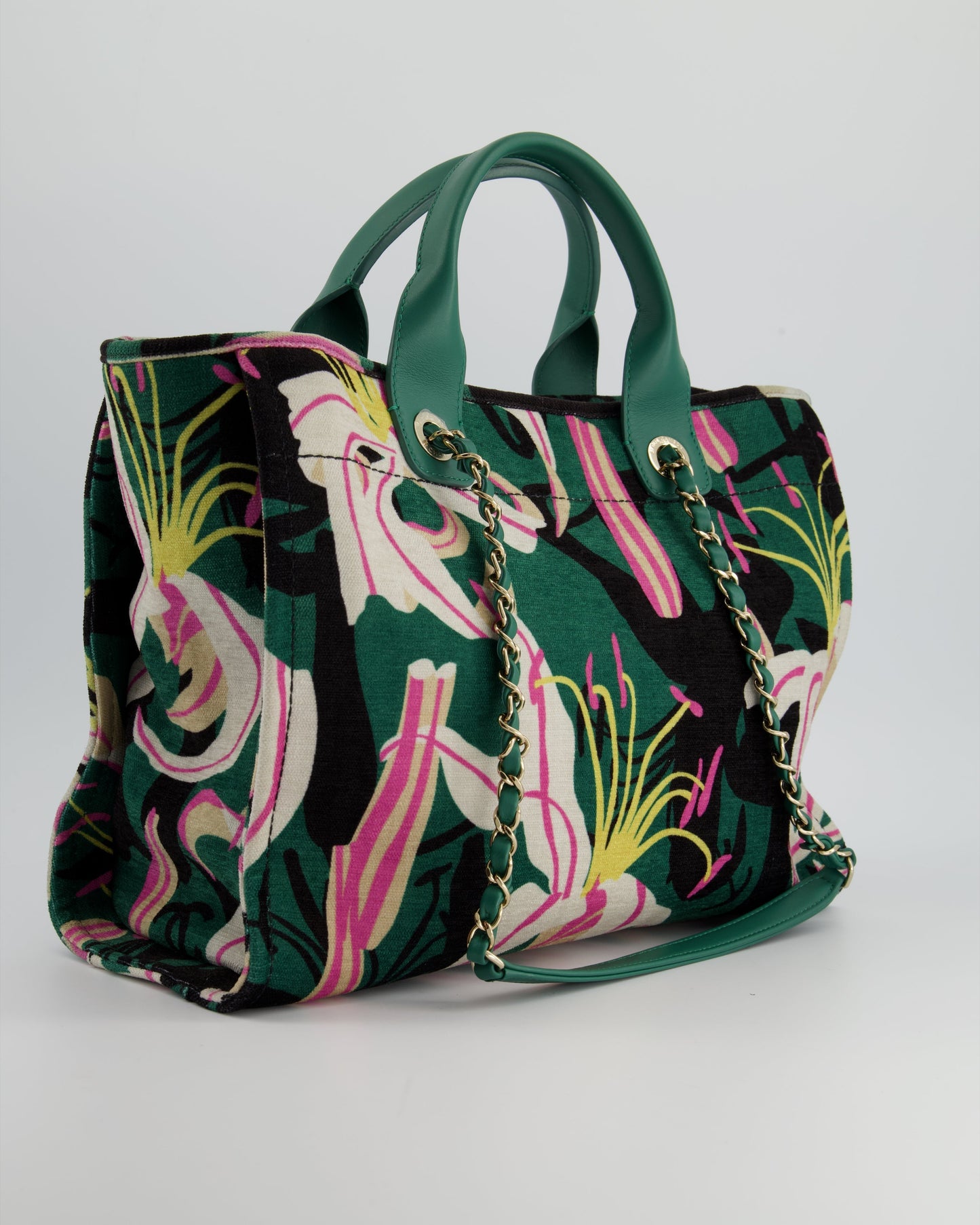 Chanel Métiers D'Art Spring / Summer 2023 Printed Velvet Small Deauville Tote Bag with Wooden Pearls and Champagne Gold Hardware