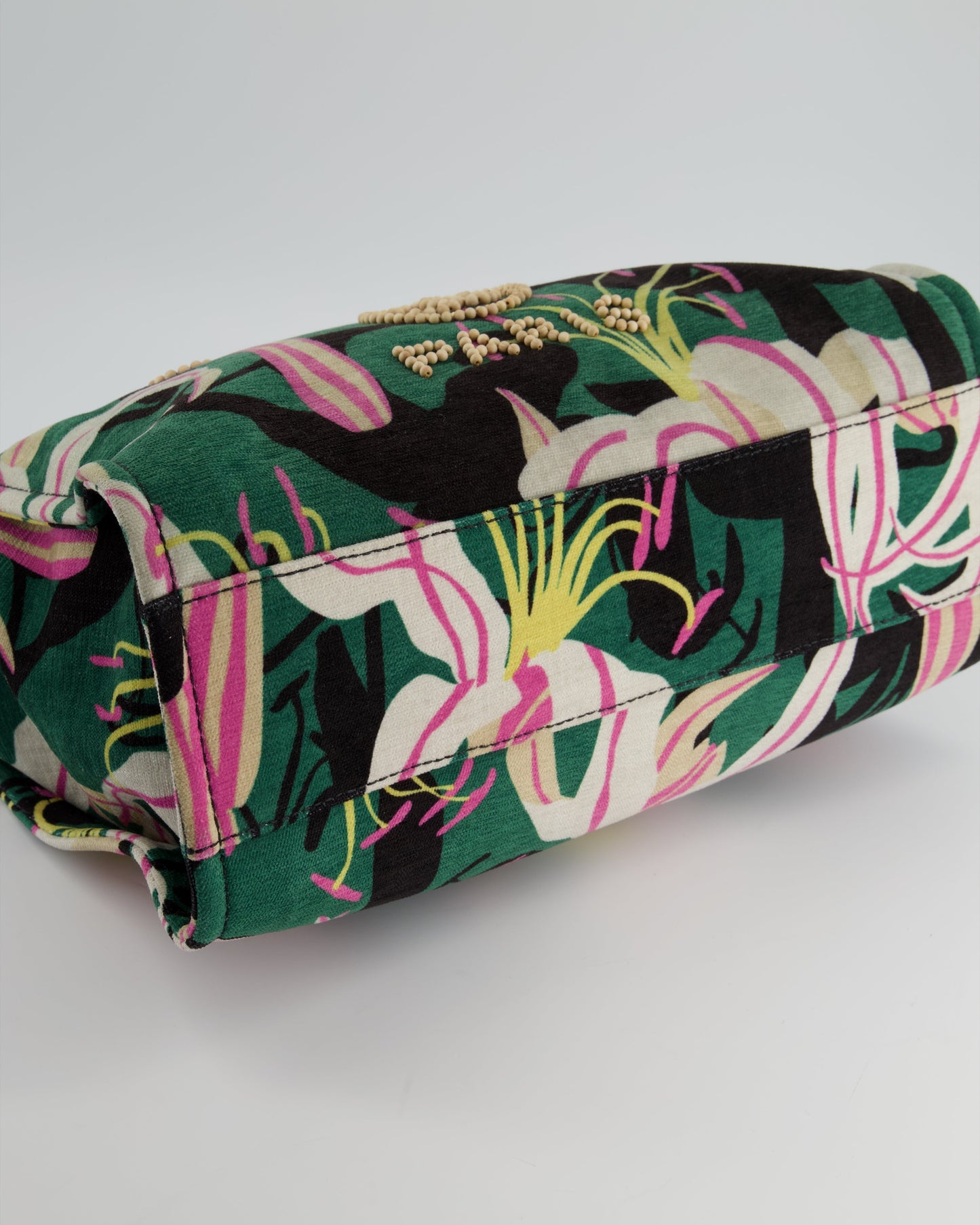 Chanel Métiers D'Art Spring / Summer 2023 Printed Velvet Small Deauville Tote Bag with Wooden Pearls and Champagne Gold Hardware