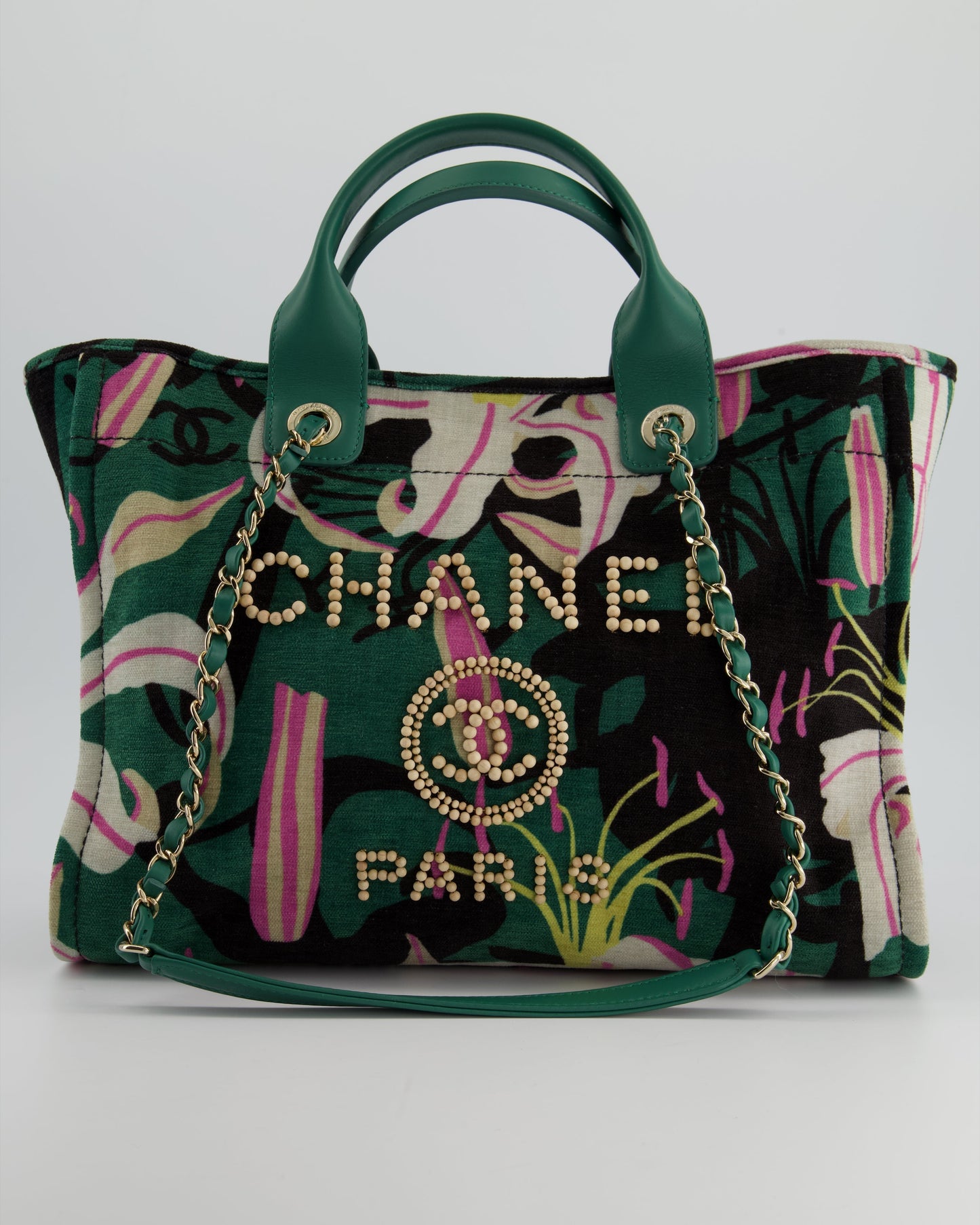 Chanel Métiers D'Art Spring / Summer 2023 Printed Velvet Small Deauville Tote Bag with Wooden Pearls and Champagne Gold Hardware