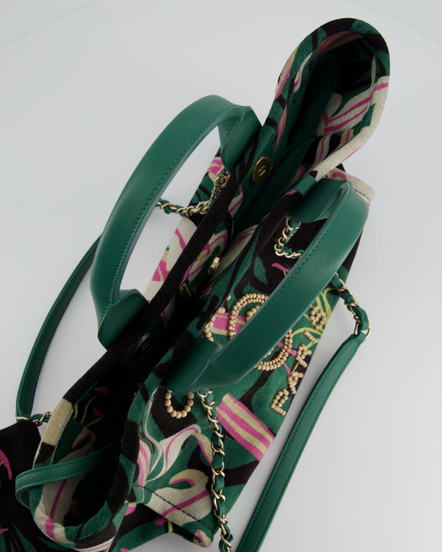 Chanel Métiers D'Art Spring / Summer 2023 Printed Velvet Small Deauville Tote Bag with Wooden Pearls and Champagne Gold Hardware