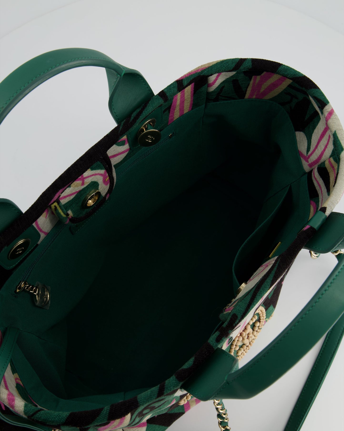 Chanel Métiers D'Art Spring / Summer 2023 Printed Velvet Small Deauville Tote Bag with Wooden Pearls and Champagne Gold Hardware