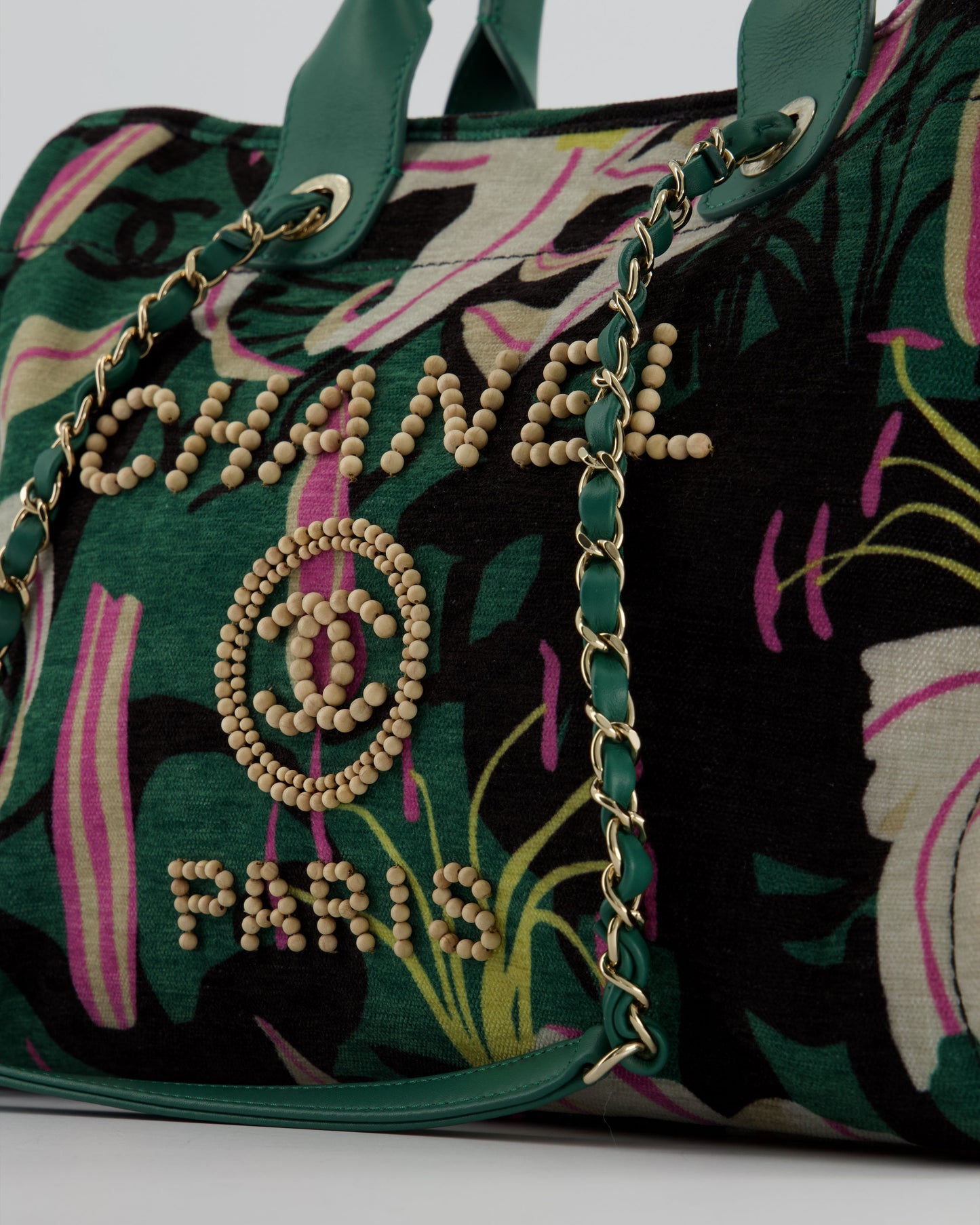 Chanel Métiers D'Art Spring / Summer 2023 Printed Velvet Small Deauville Tote Bag with Wooden Pearls and Champagne Gold Hardware
