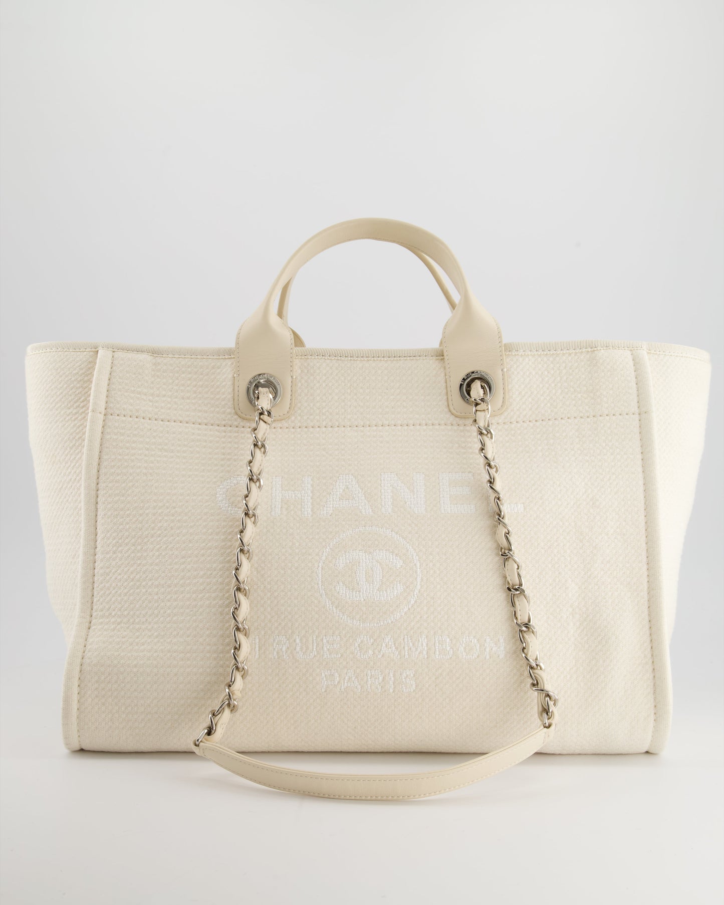 Chanel Large Cream Canvas Deauville Tote Bag with Silver Hardware