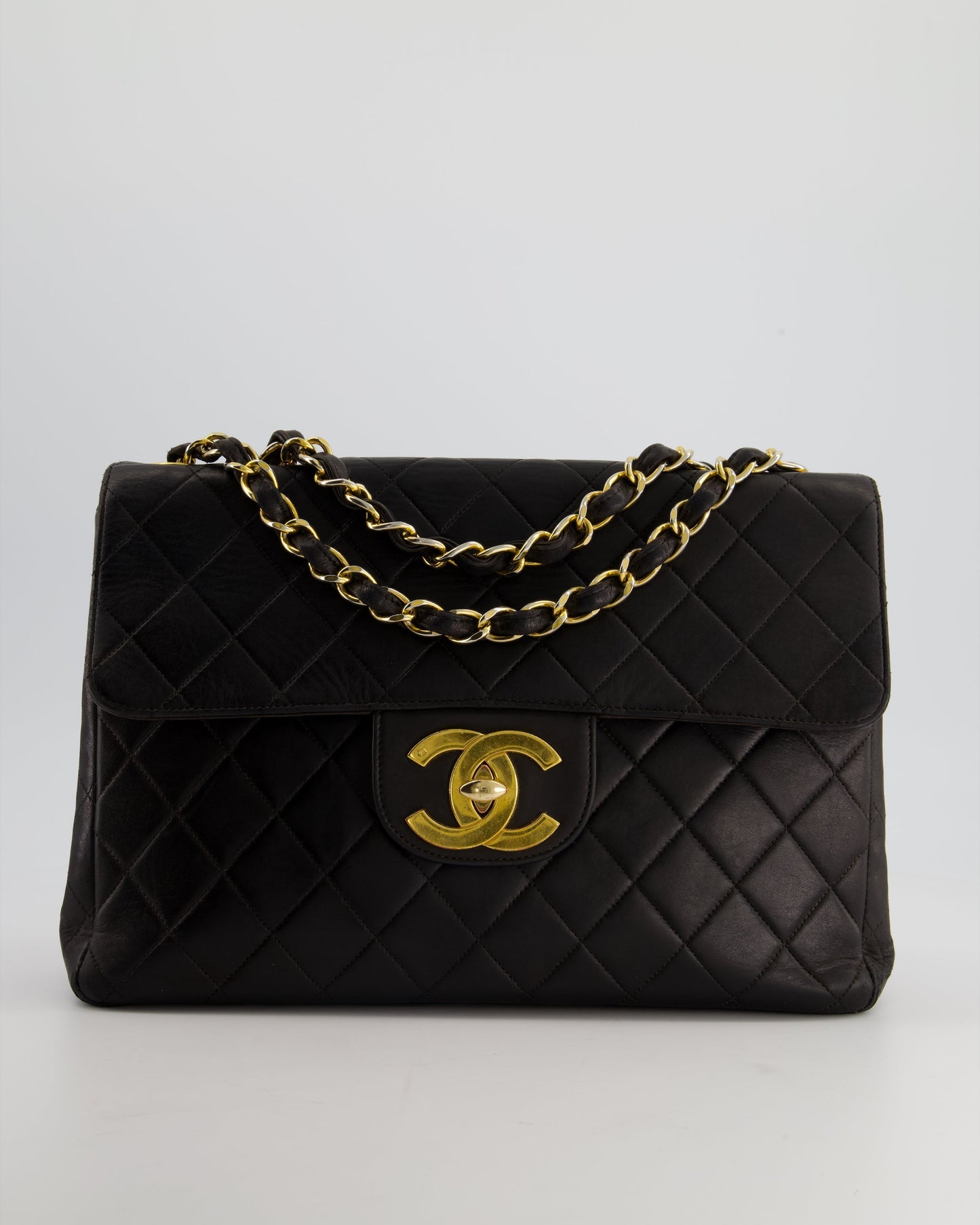 Chanel Black Vintage Maxi Mademoiselle Single Flap Bag in Lambskin with 24K Gold Hardware