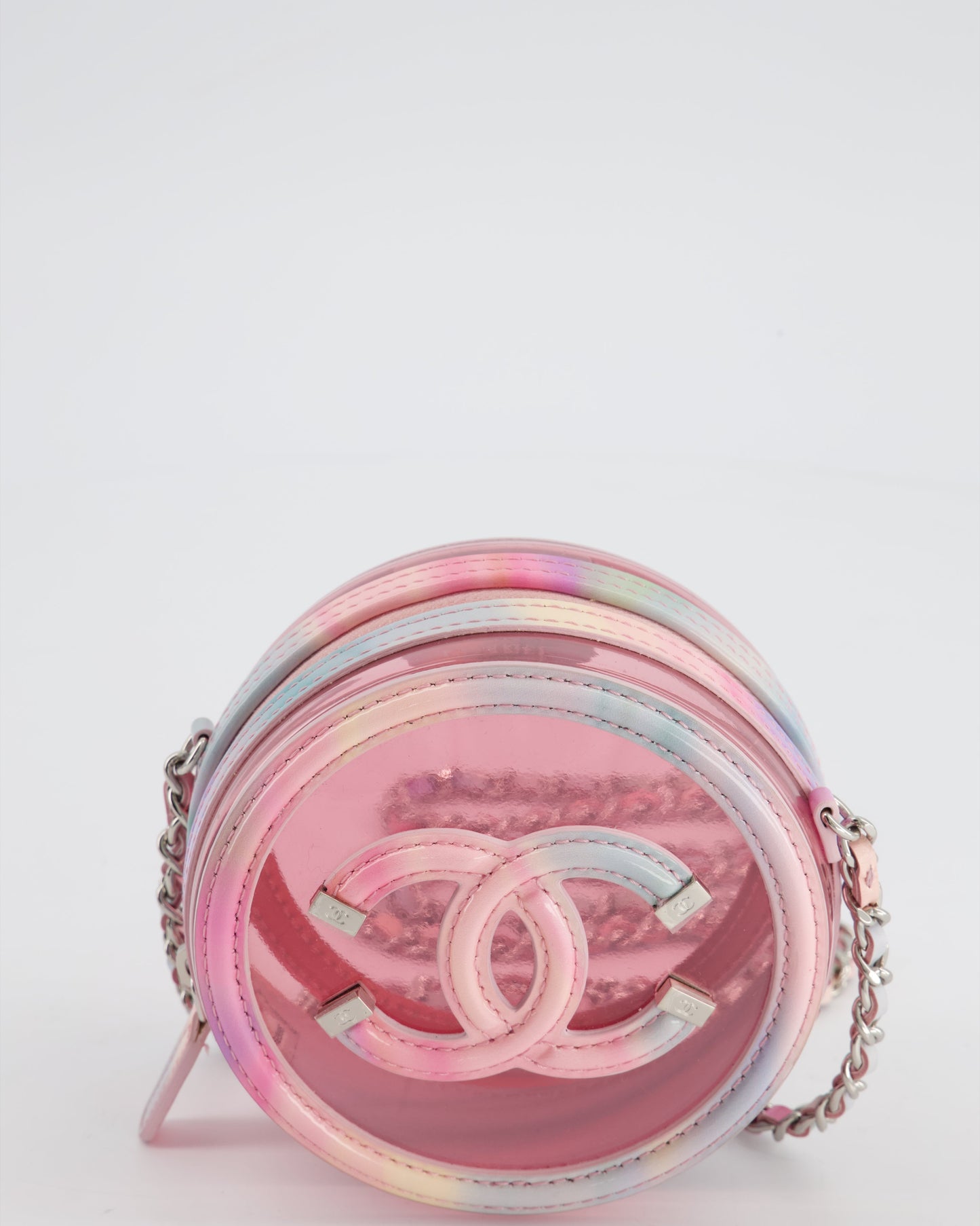 Chanel Rainbow Pink Filigree PVC CC Mini Round Crossbody Bag with Silver Hardware
