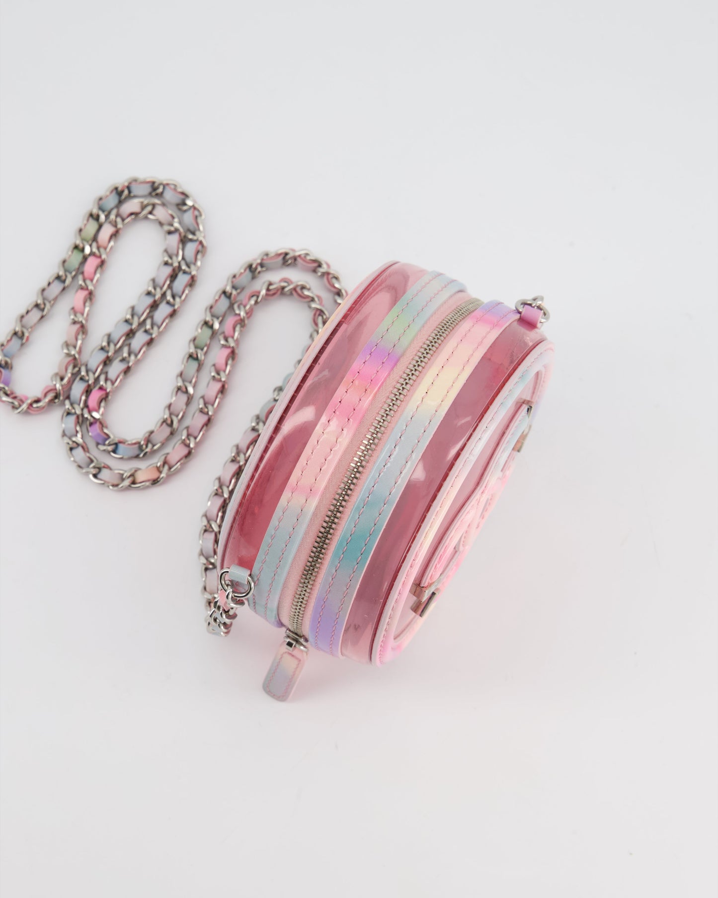 Chanel Rainbow Pink Filigree PVC CC Mini Round Crossbody Bag with Silver Hardware