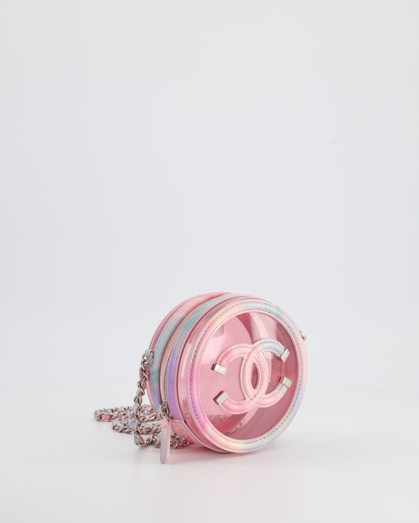 Chanel Rainbow Pink Filigree PVC CC Mini Round Crossbody Bag with Silver Hardware