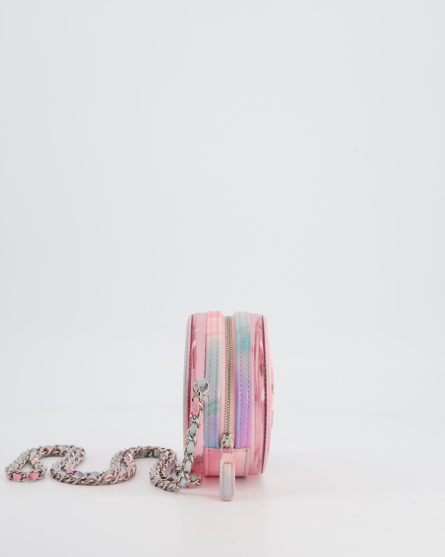 Chanel Rainbow Pink Filigree PVC CC Mini Round Crossbody Bag with Silver Hardware