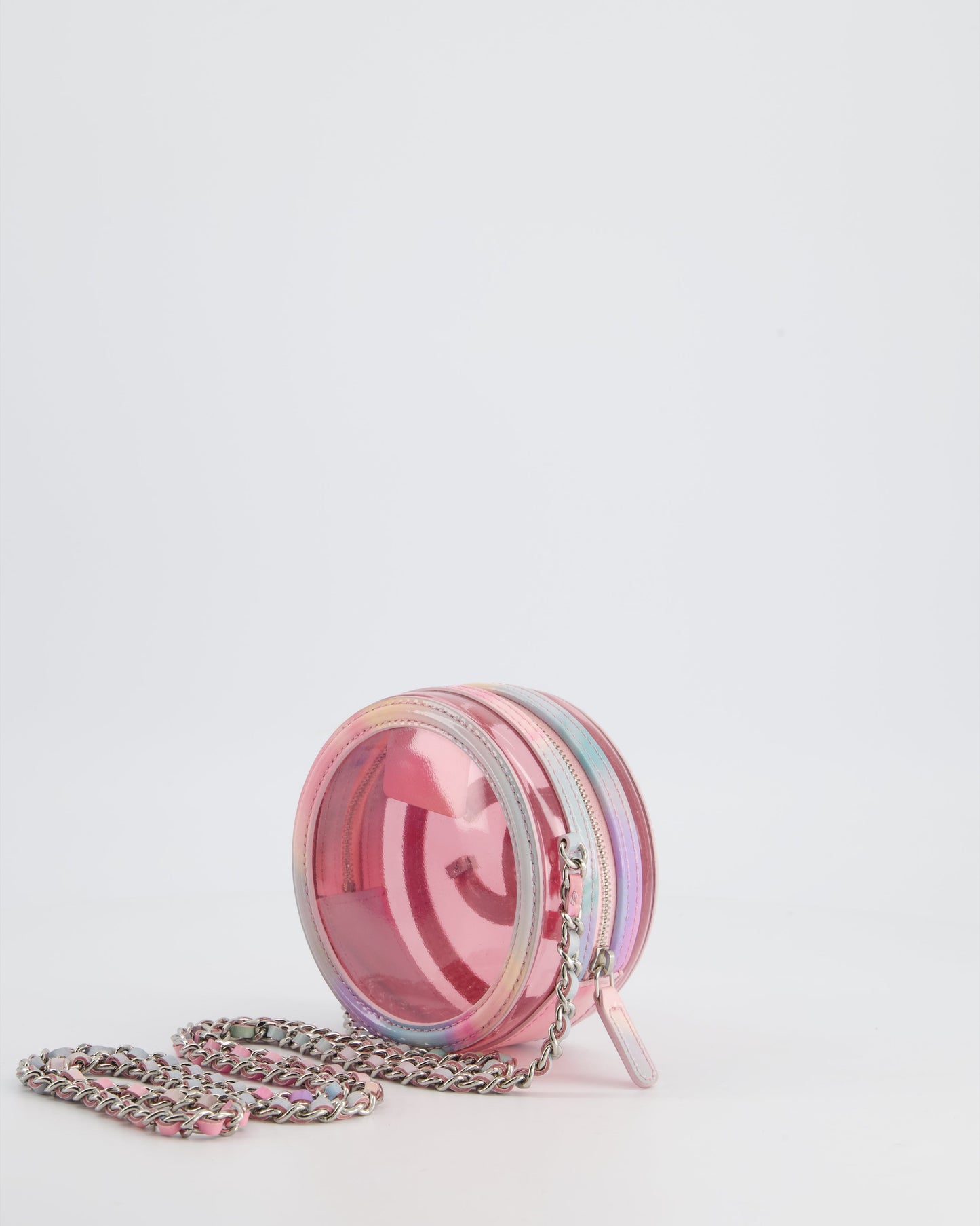 Chanel Rainbow Pink Filigree PVC CC Mini Round Crossbody Bag with Silver Hardware