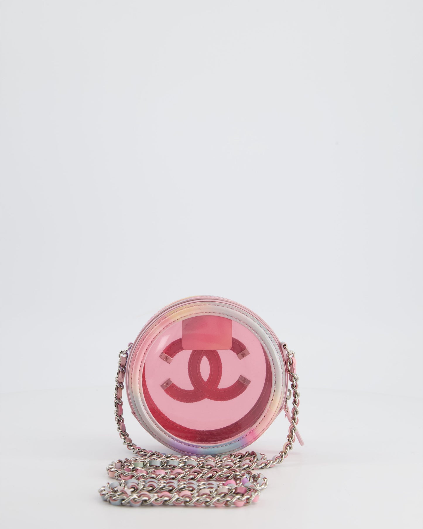 Chanel Rainbow Pink Filigree PVC CC Mini Round Crossbody Bag with Silver Hardware