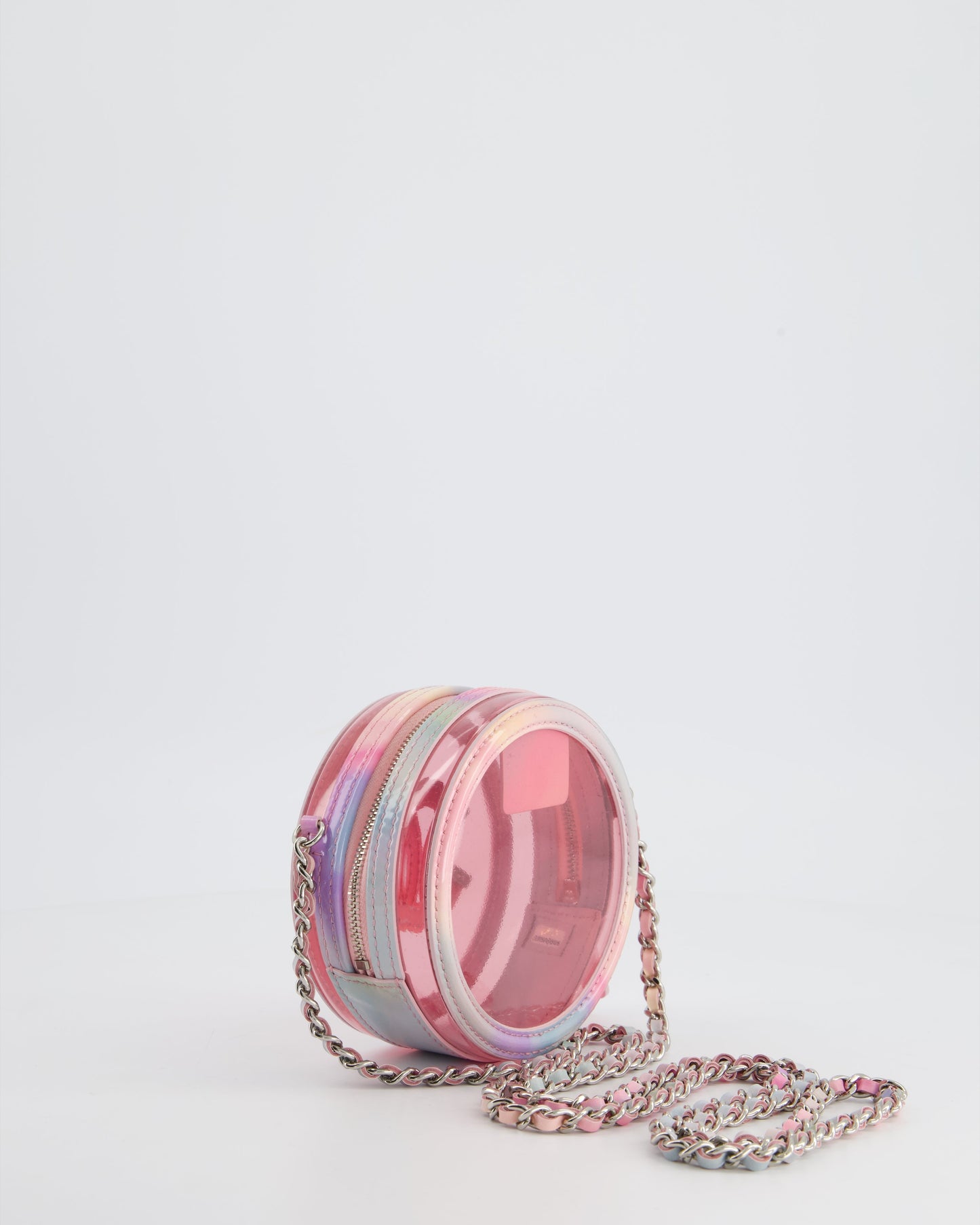 Chanel Rainbow Pink Filigree PVC CC Mini Round Crossbody Bag with Silver Hardware