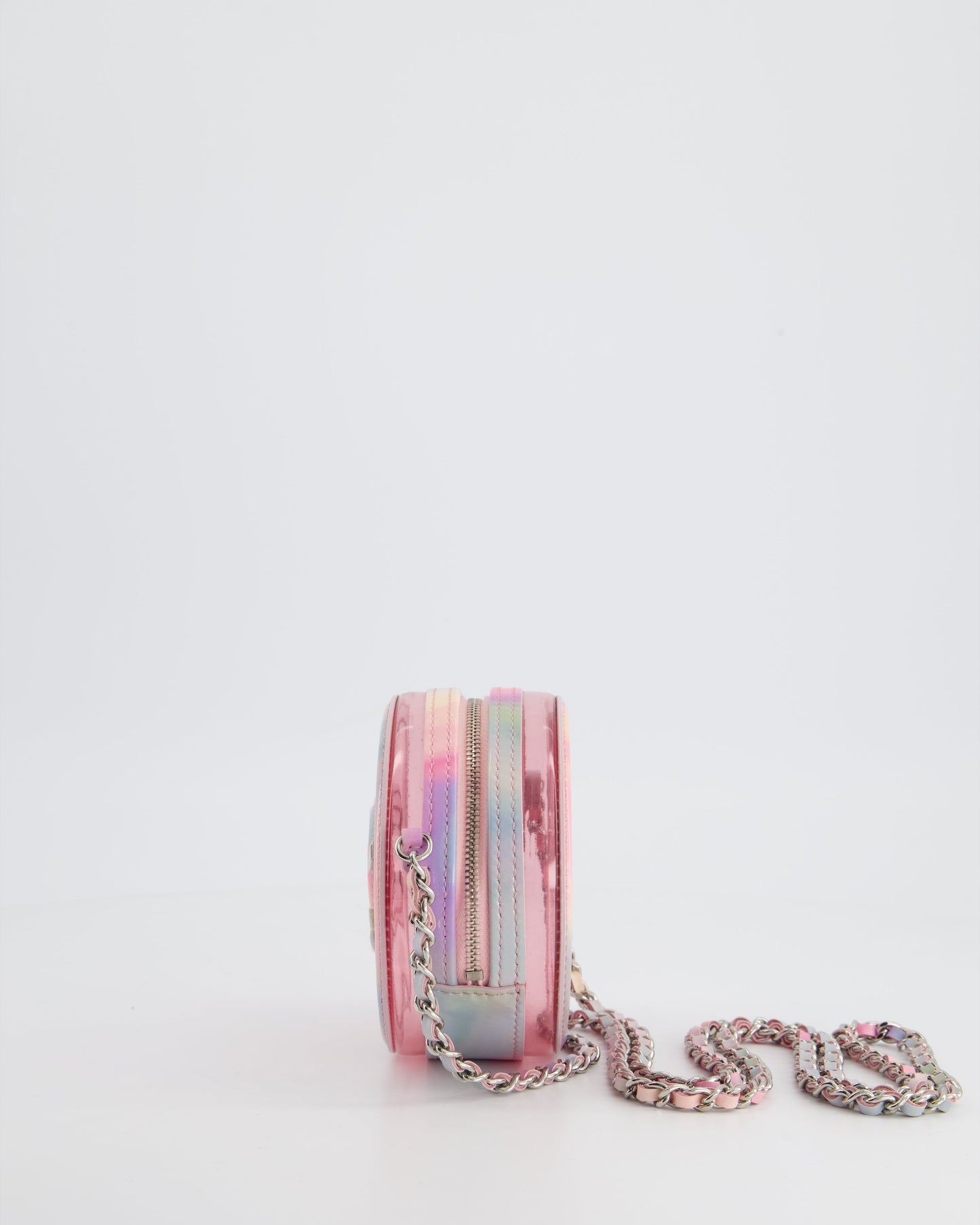 Chanel Rainbow Pink Filigree PVC CC Mini Round Crossbody Bag with Silver Hardware