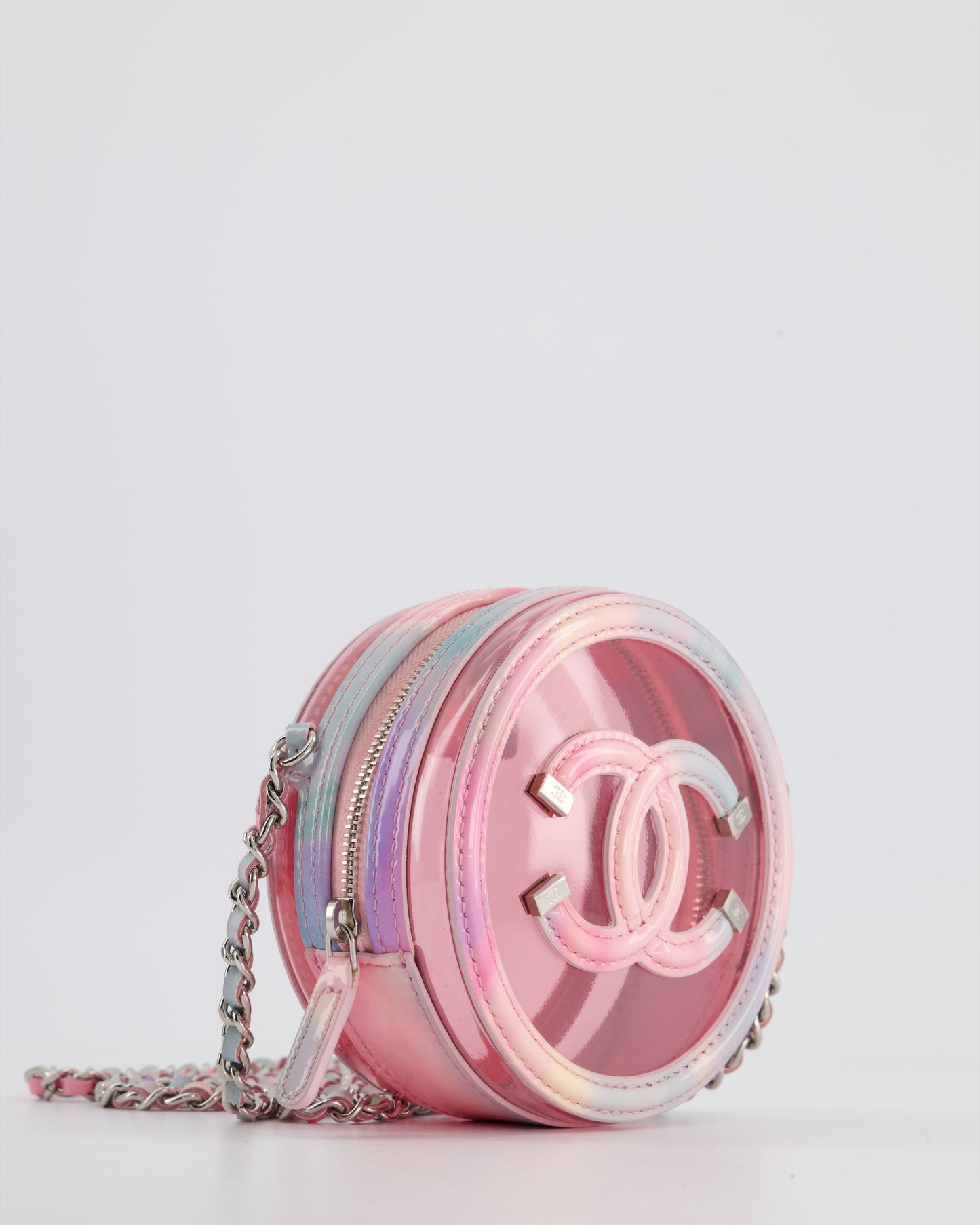 Chanel Rainbow Pink Filigree PVC CC Mini Round Crossbody Bag with Silver Hardware