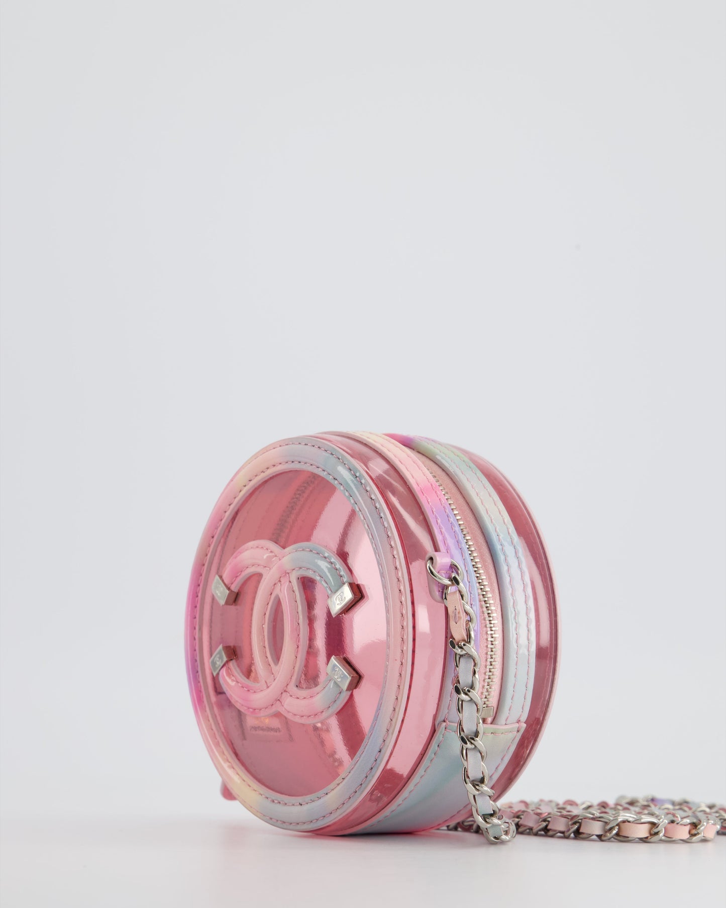Chanel Rainbow Pink Filigree PVC CC Mini Round Crossbody Bag with Silver Hardware
