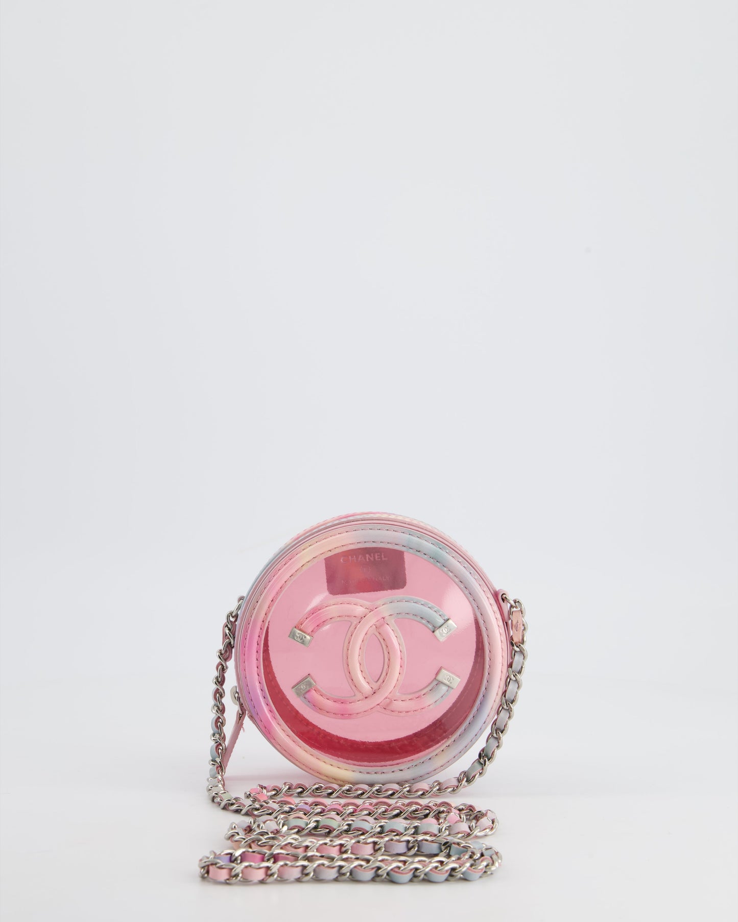 Chanel Rainbow Pink Filigree PVC CC Mini Round Crossbody Bag with Silver Hardware