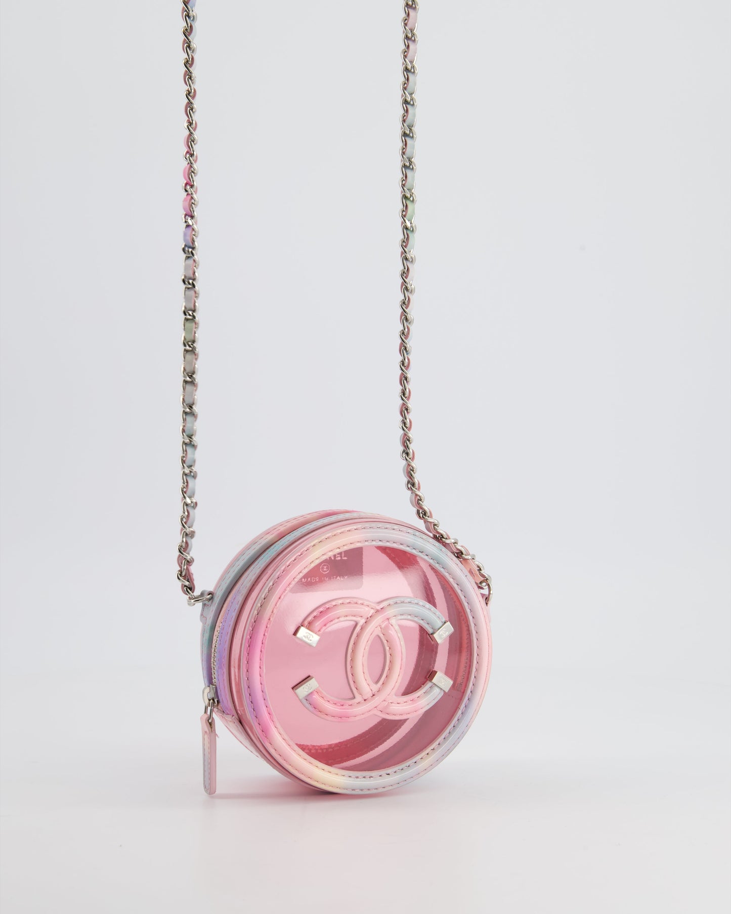 Chanel Rainbow Pink Filigree PVC CC Mini Round Crossbody Bag with Silver Hardware