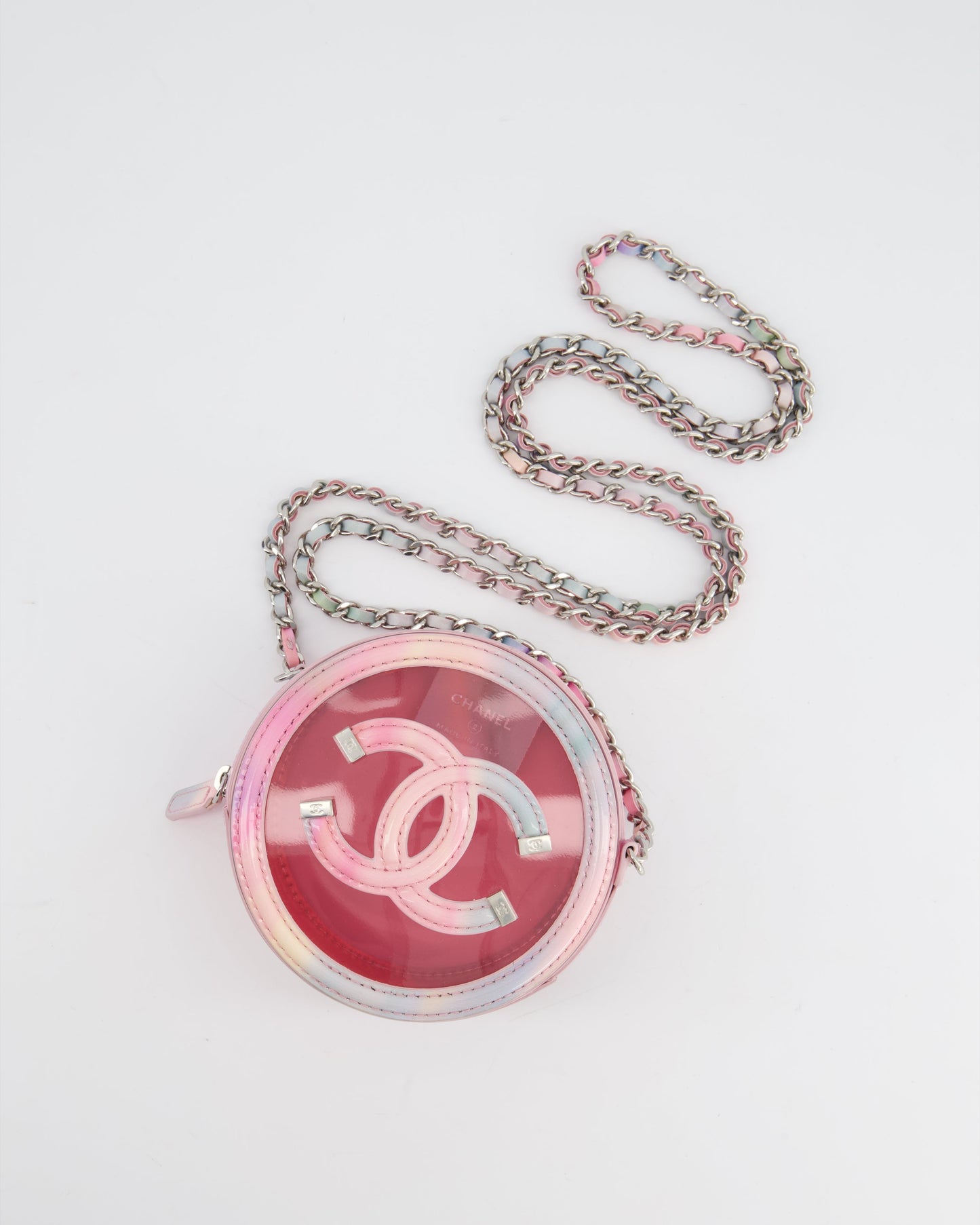 Chanel Rainbow Pink Filigree PVC CC Mini Round Crossbody Bag with Silver Hardware